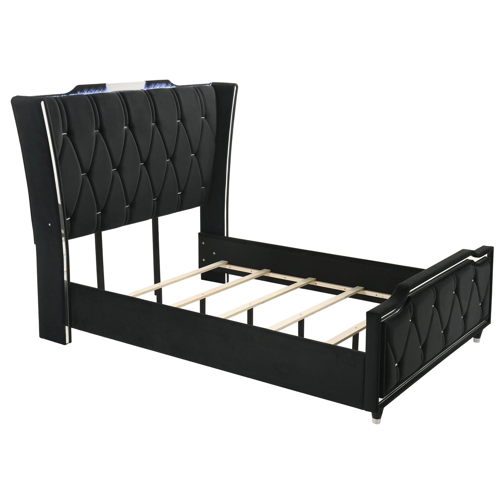 Lorient Queen upholstered wingback bed black velvet, front view showing tufted headboard and LED lighting