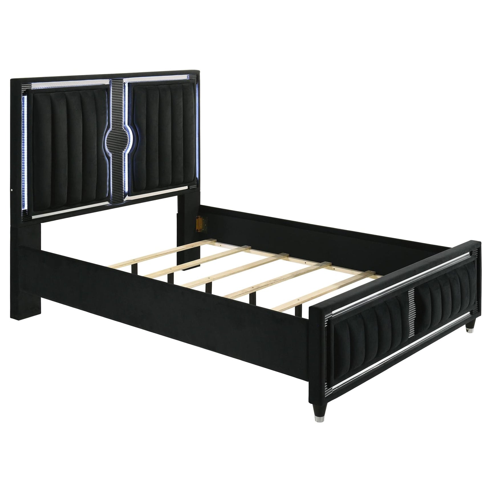 Ravenne black velvet upholstered queen LED panel bed front view