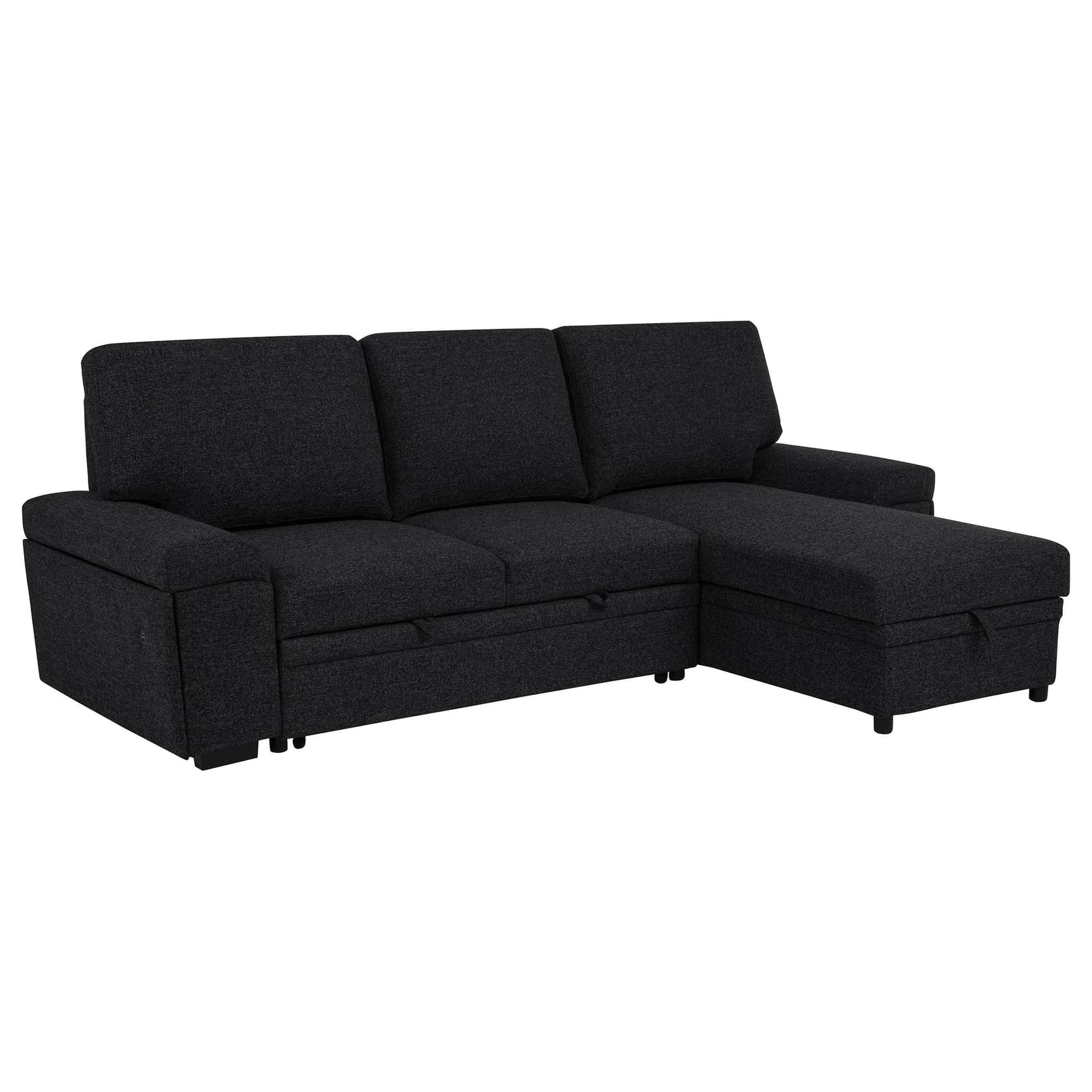 Demko Sleeper Sectional Sofa with storage chaise and speaker in black, angled view