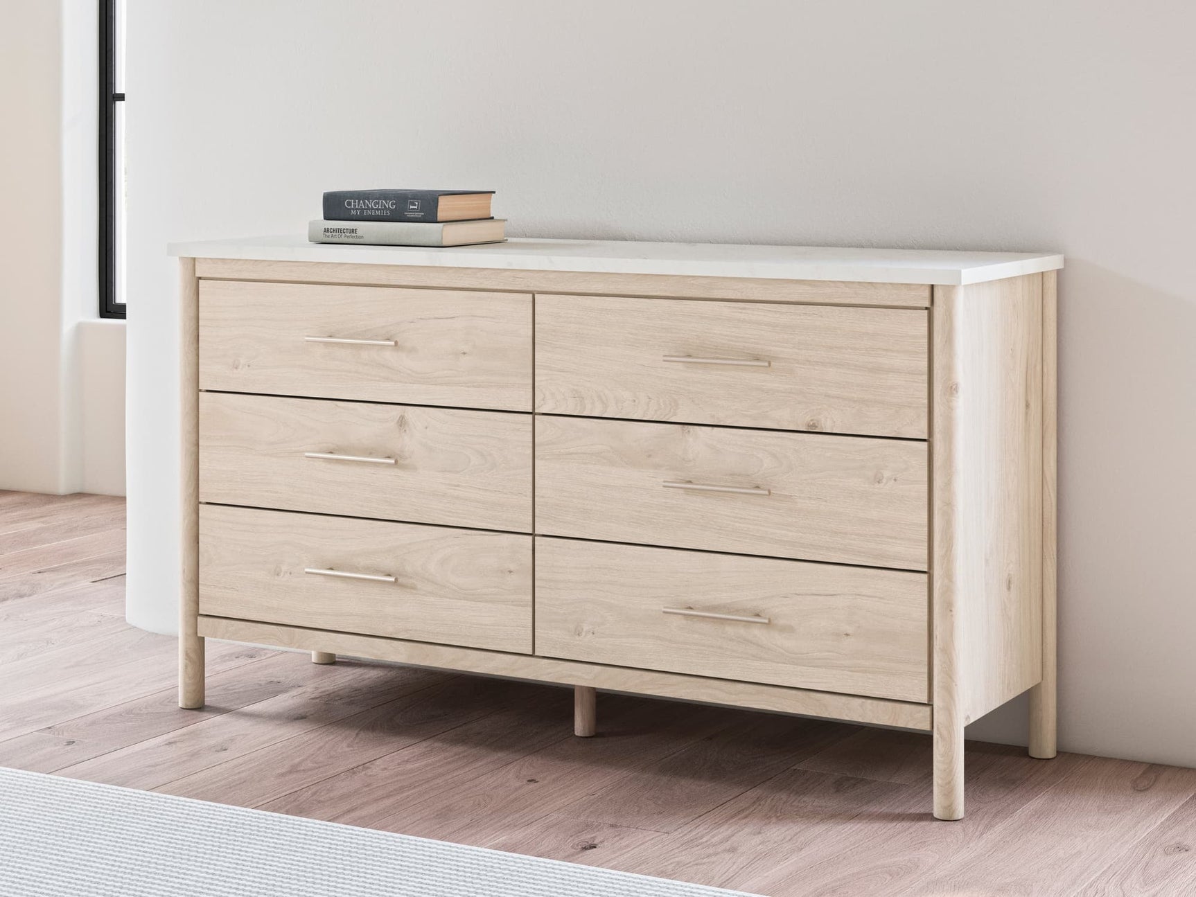 Cadmori Two-Tone Dresser front view with marble top and champagne handles
