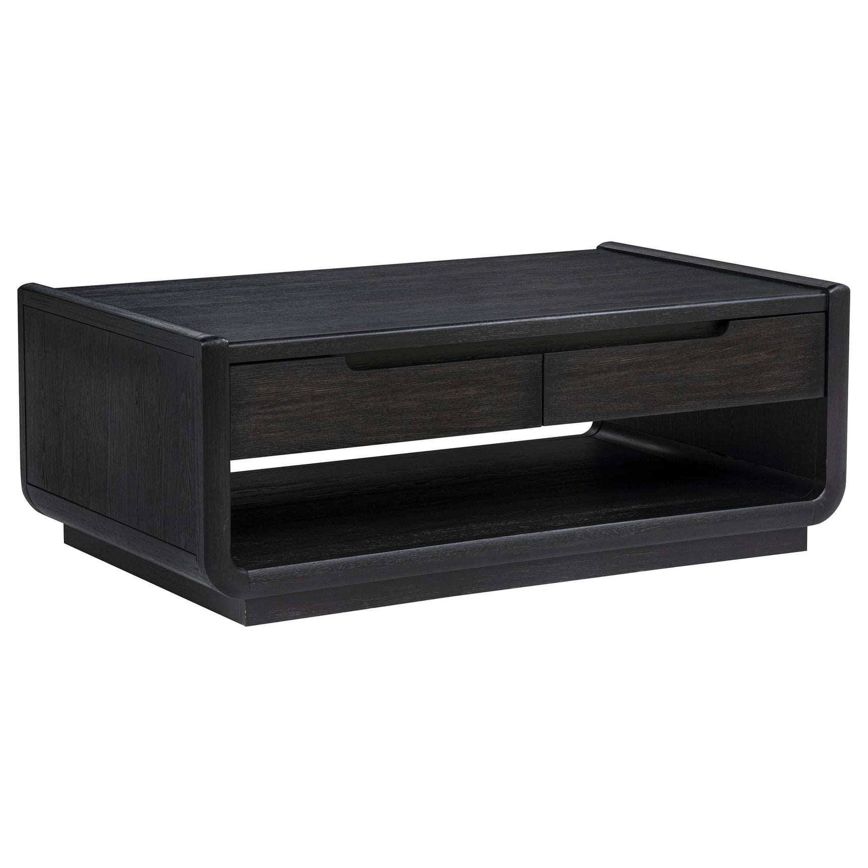 Leandro coffee table in burnished black, front angle showing drawers
