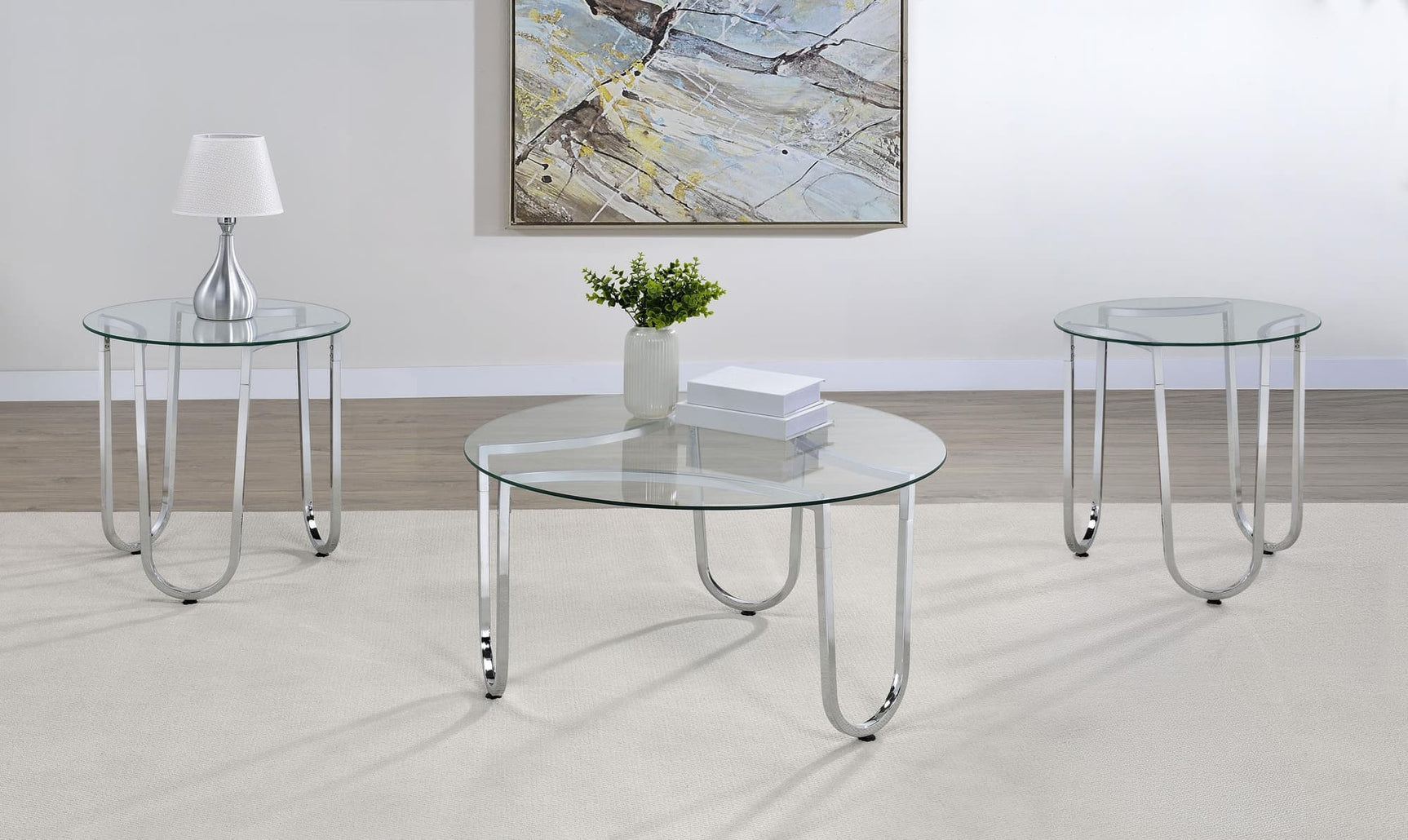 Beller 3-piece round coffee table set with tempered glass tops and chrome frames