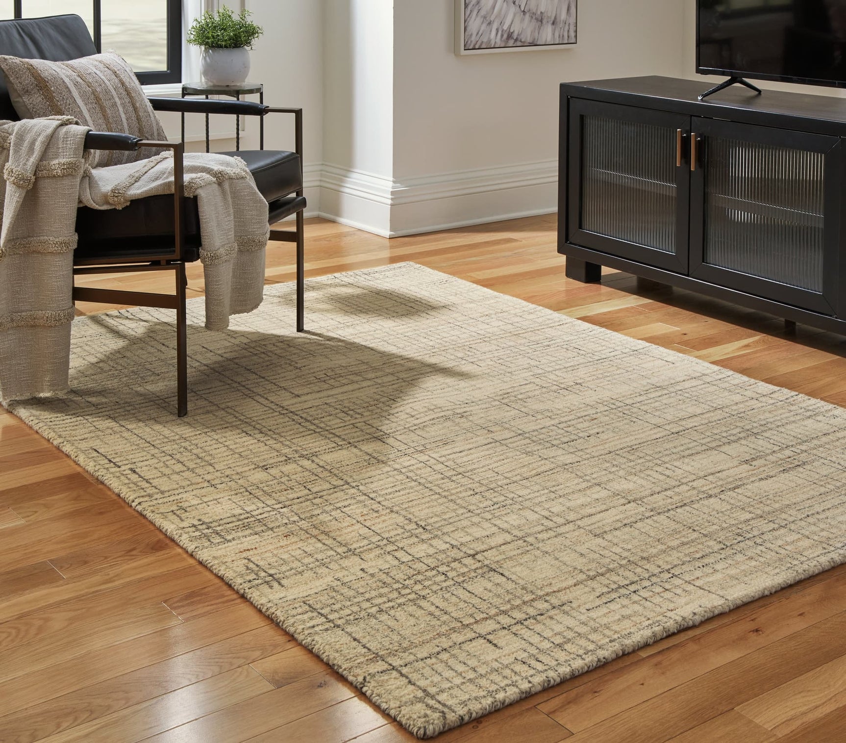 Janston Ivory Gray Tan Medium Rug showing geometric plaid pattern