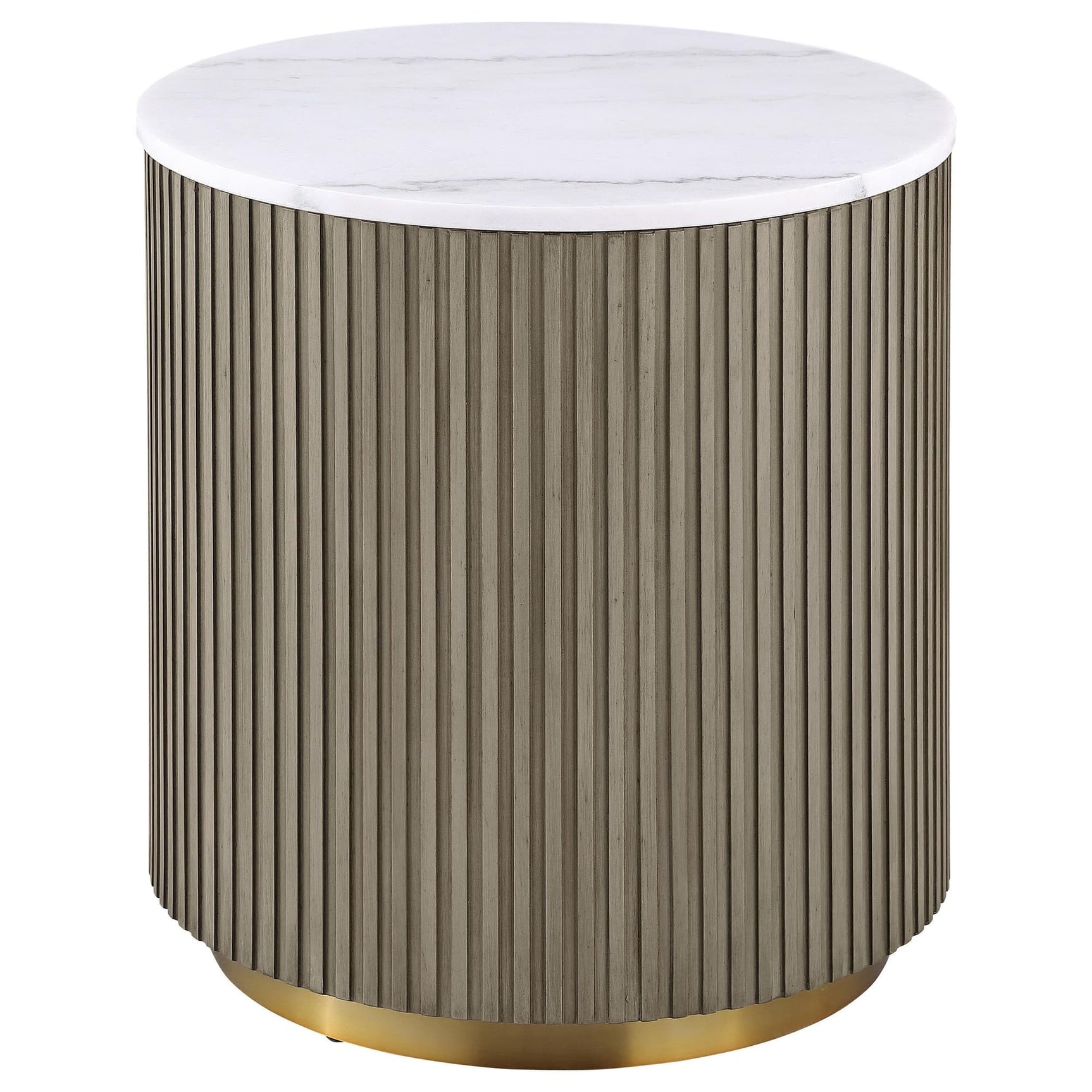 Jason side table front view showing white marble top and greige reeded drum base