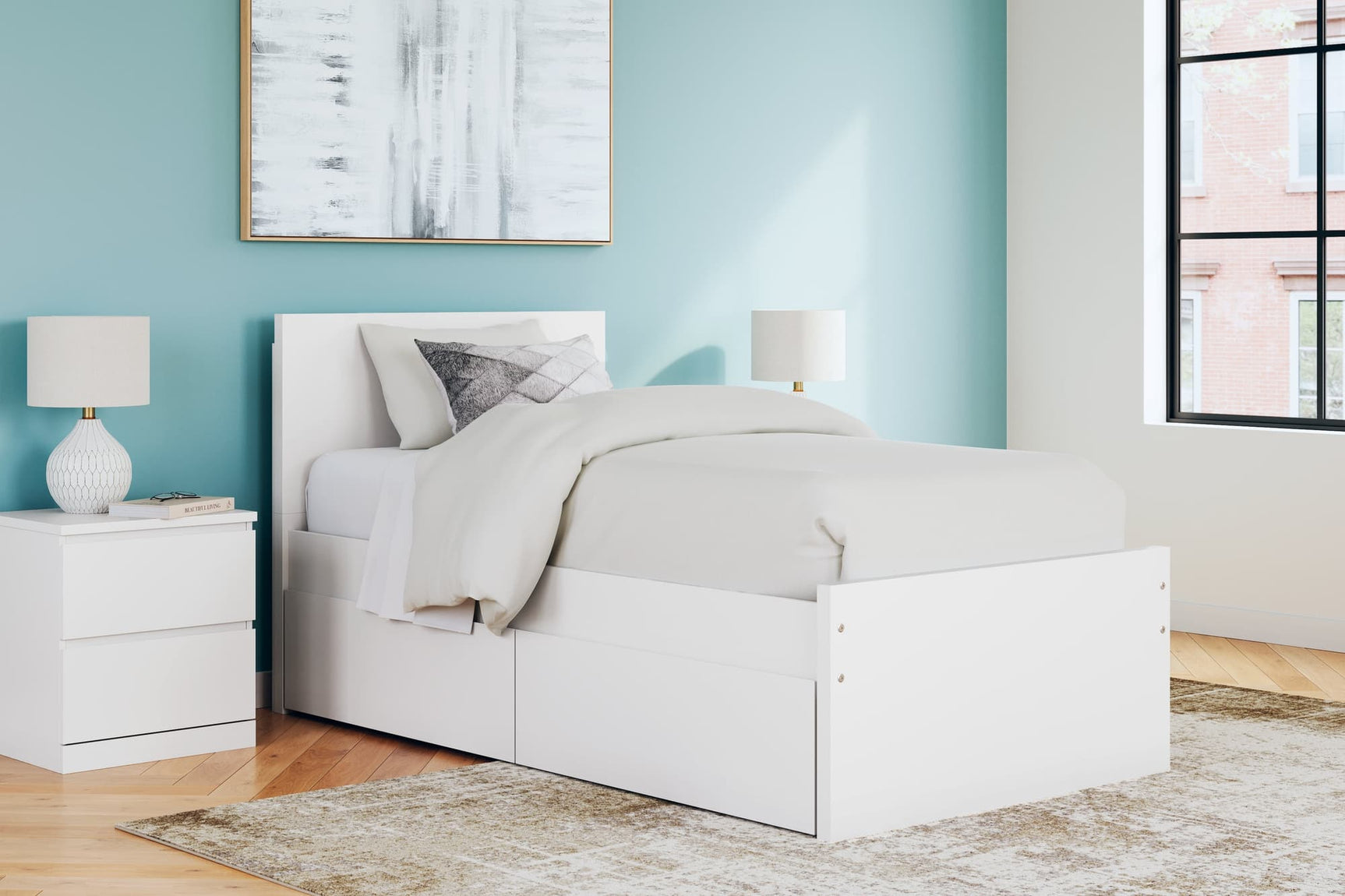 Onita White Twin Panel Platform Bed front view with storage drawers visible