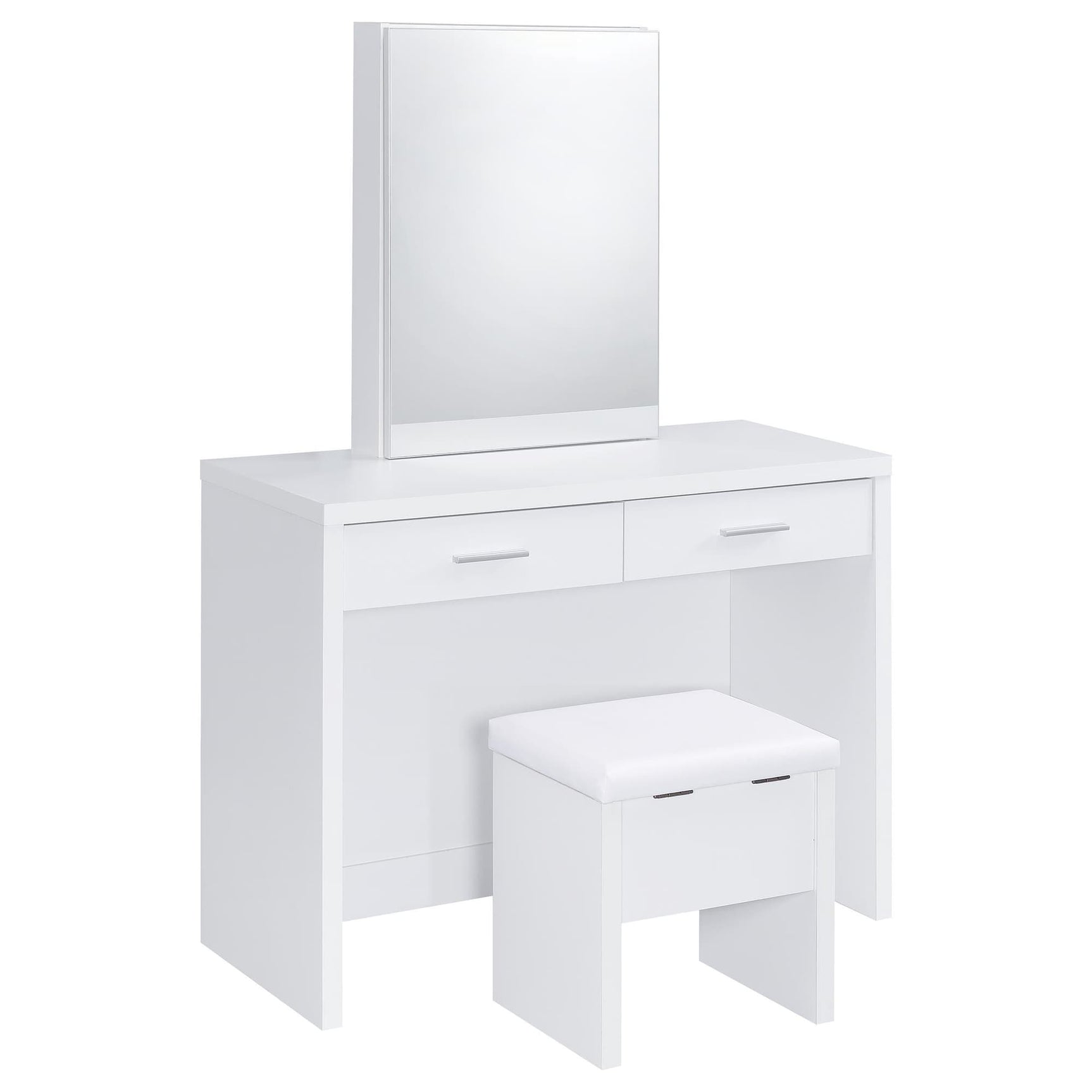 Bunbury white makeup vanity table set with rectangular framed mirror and dual drawers