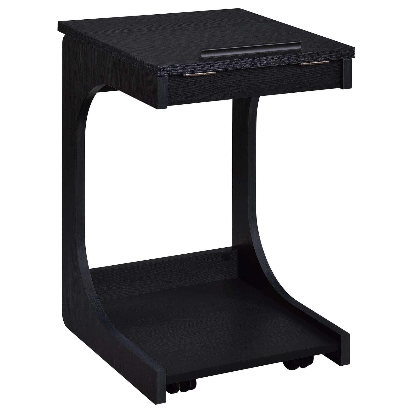 Ralston black C-shaped lift-top sofa side table front view