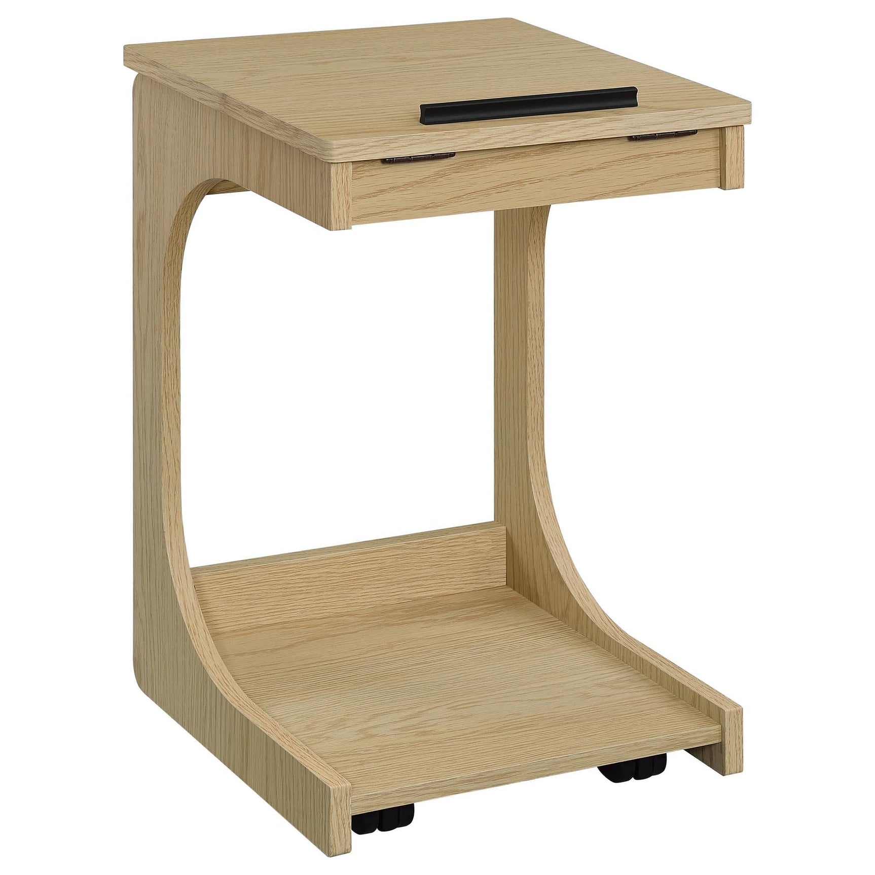 Ralston C-shaped lift-top sofa side table in light oak, angled view with casters visible