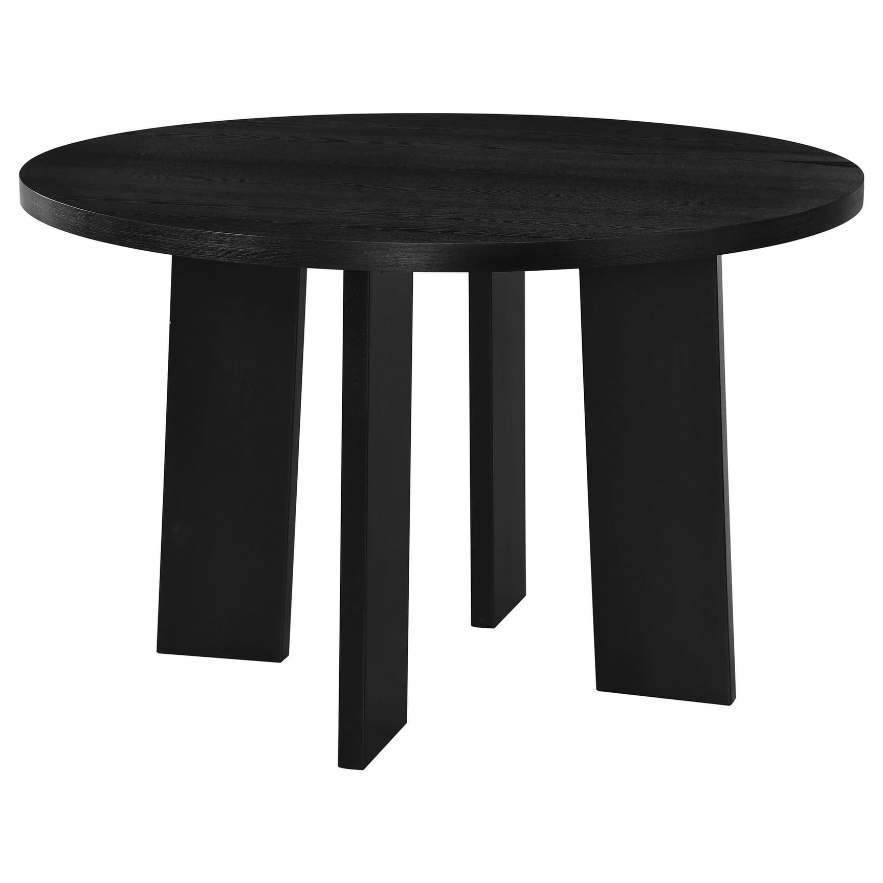 Strouse 47-inch round black wood dining table, front view showing pedestal base