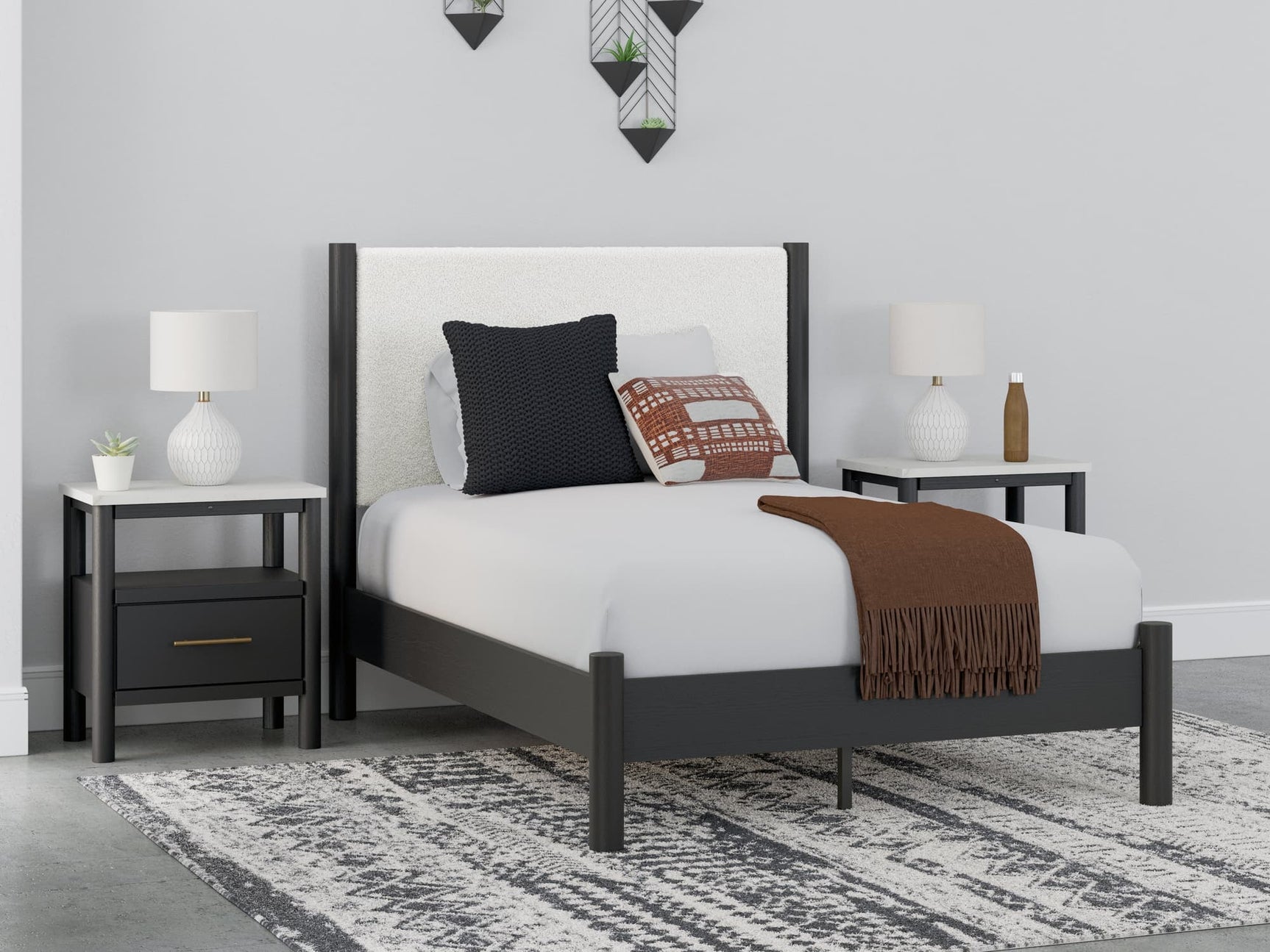 Cadmori Full Upholstered Panel Bed front view showing white upholstered headboard and footboard