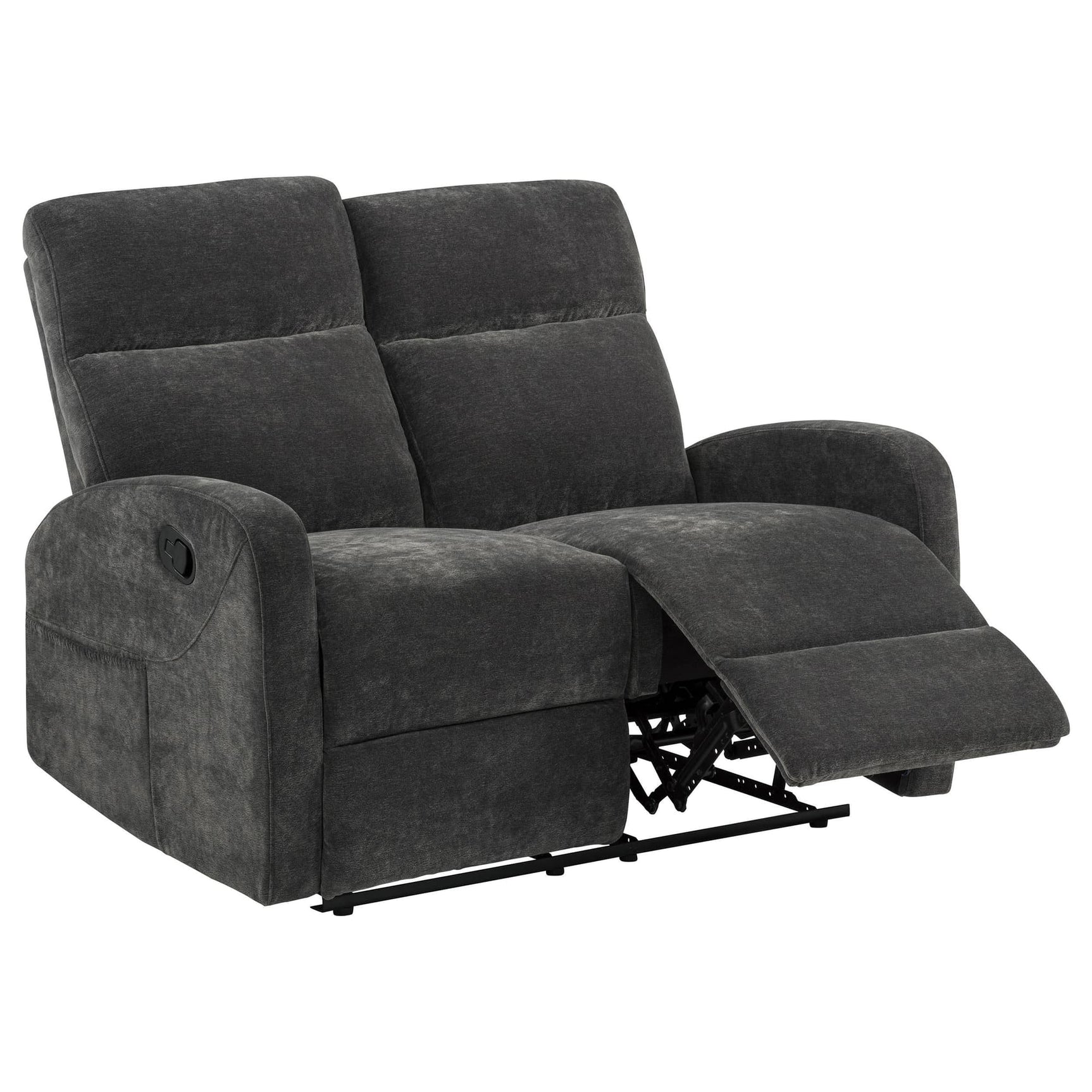 Hamilton Chenille Upholstered Manual Reclining Loveseat side view showing reclined position
