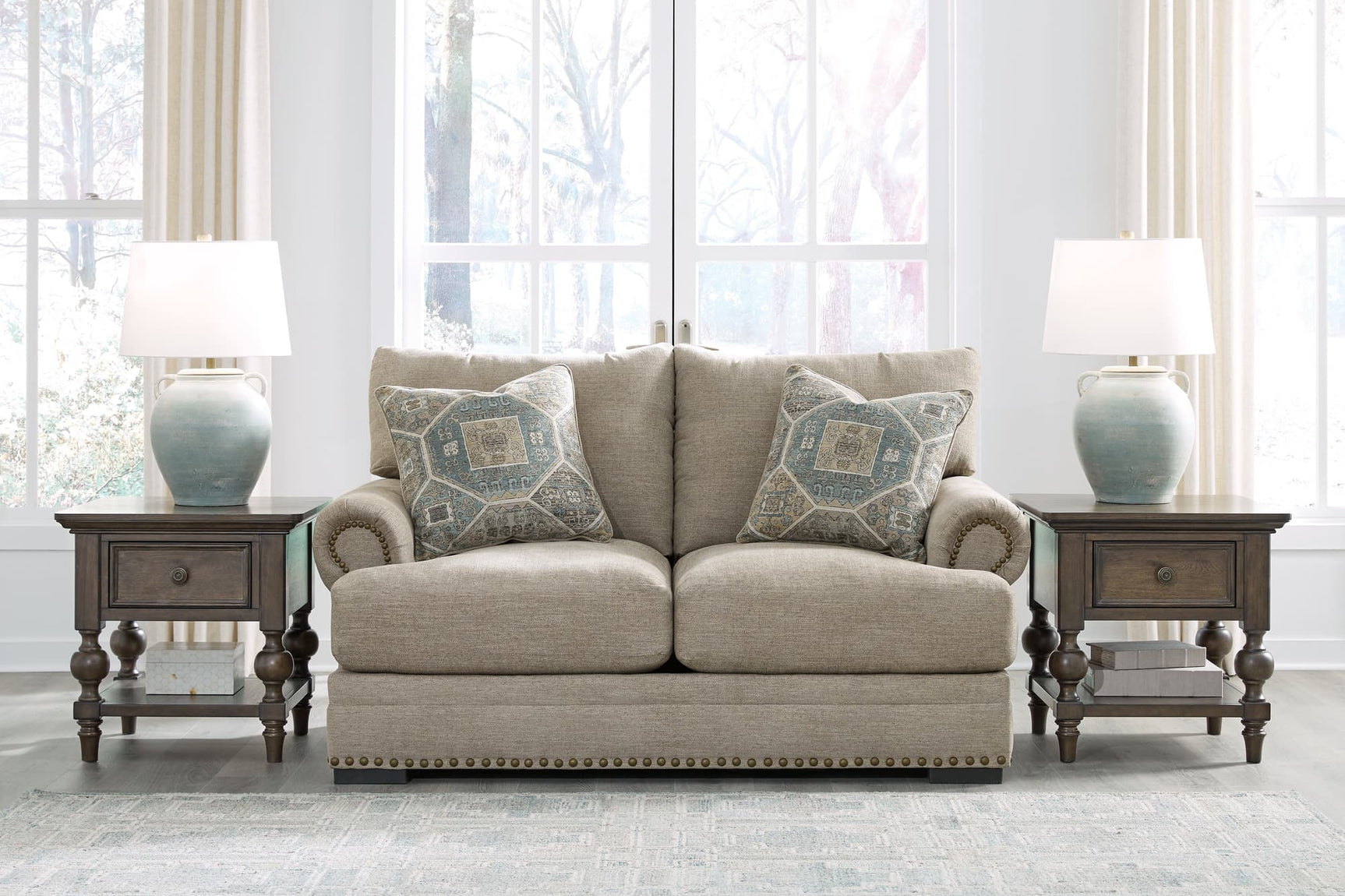Galemore Quarry Chenille Loveseat front view in quarry fabric upholstery