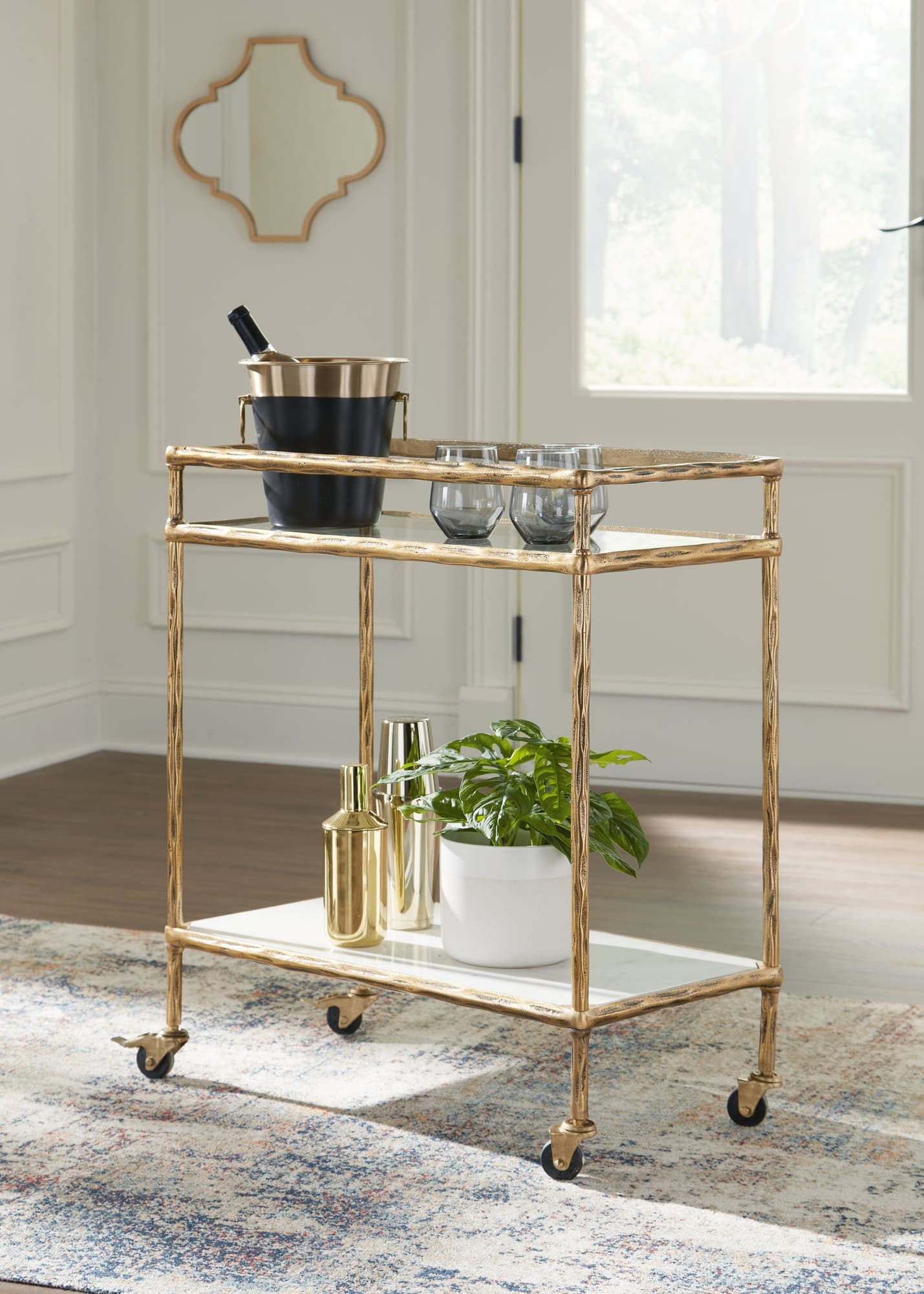 Plattfield Antique Gold Finish Bar Cart angled view
