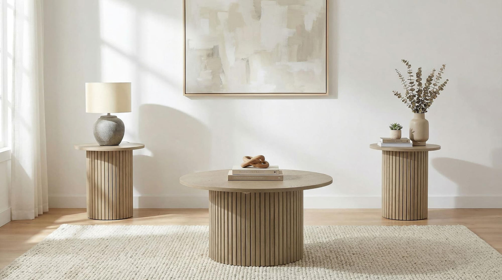 Hamlyn 3-piece Round Fluted Coffee and End Table Set Natural Oak front view