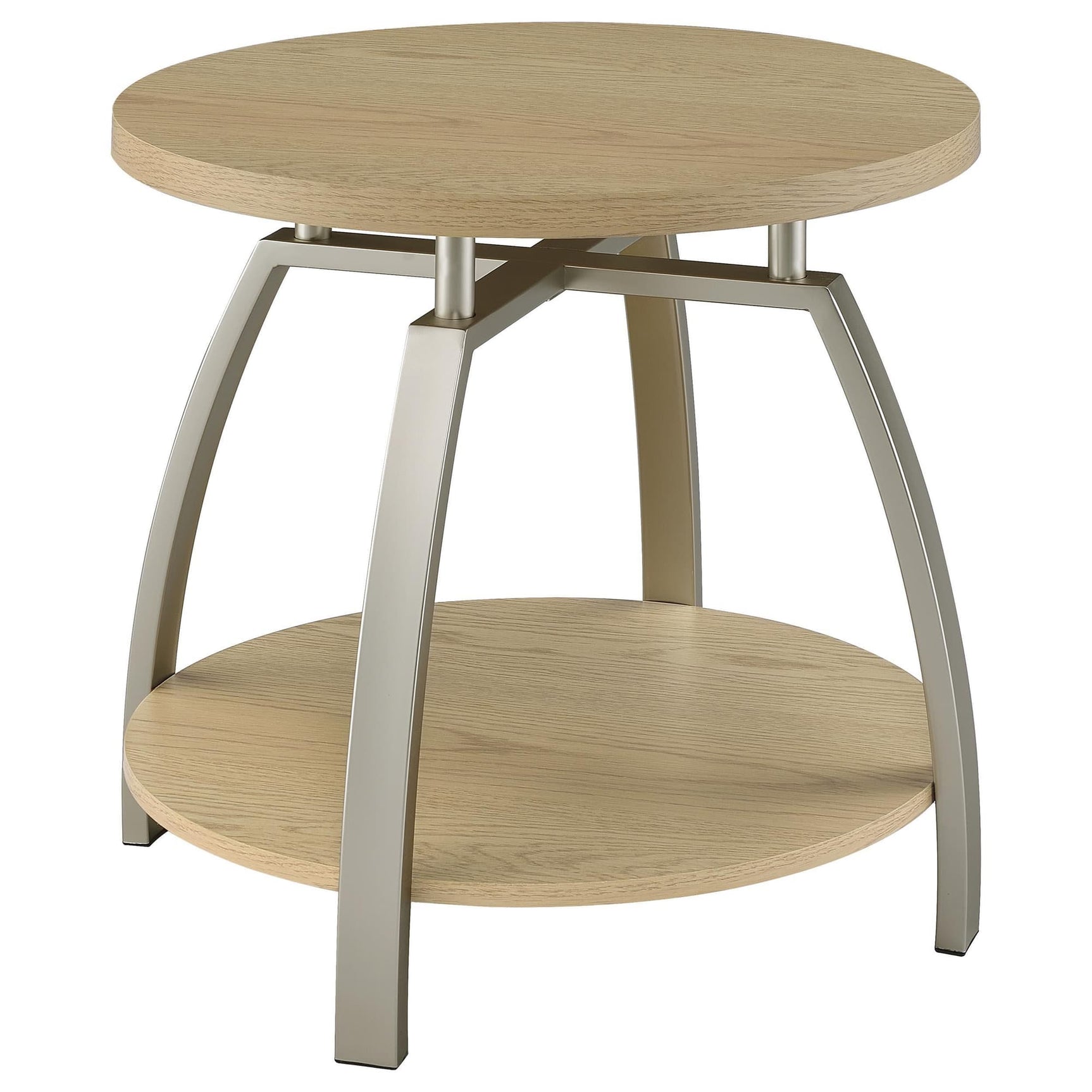 Dacre round side end table with greige engineered wood top and metal legs