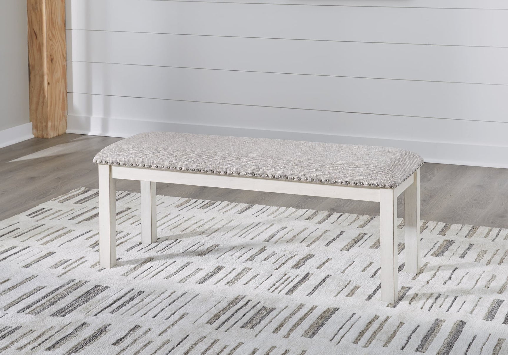 Robbinsdale Antique White 48" Upholstered Dining Bench front angle