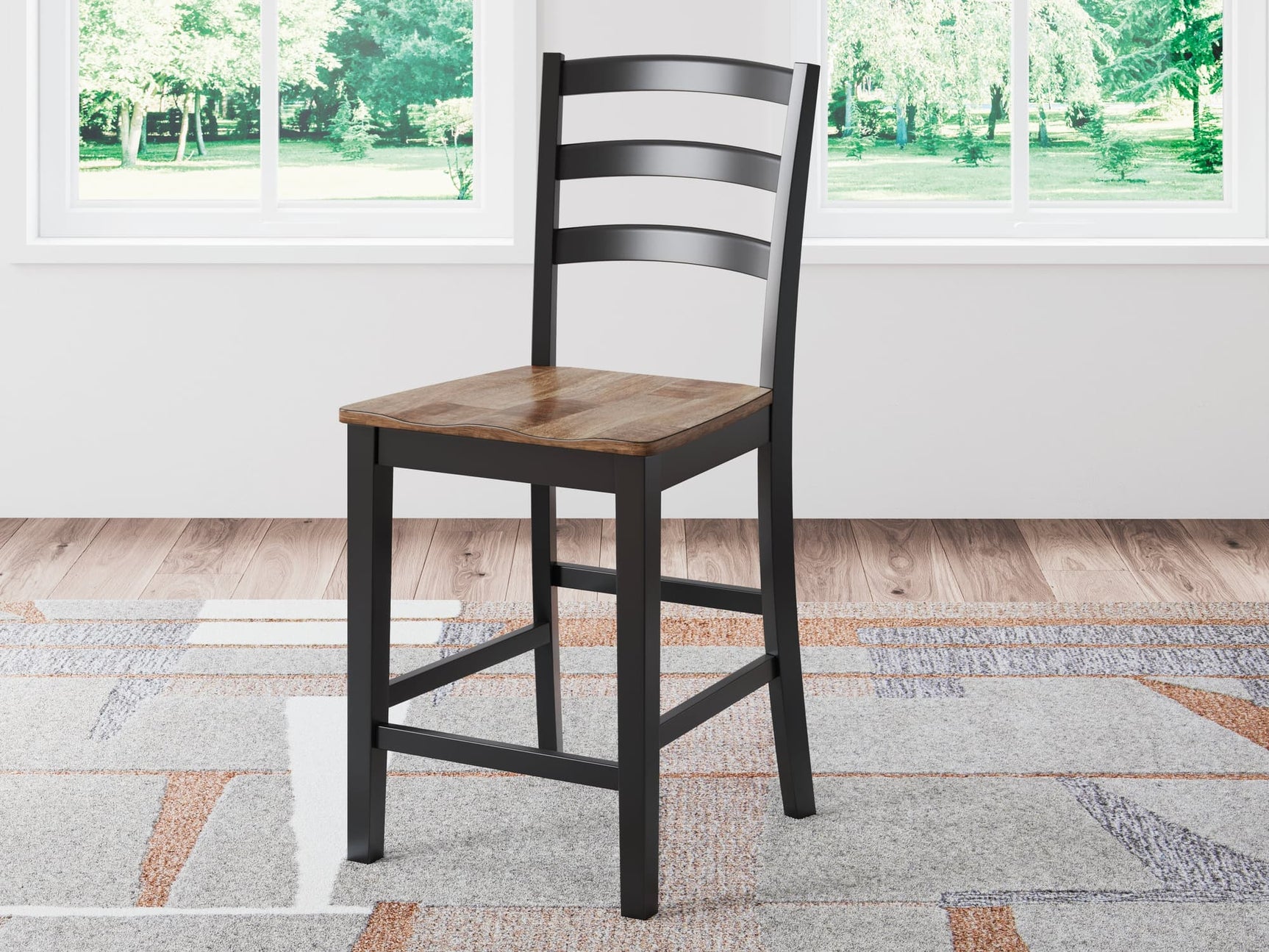 Wildenauer counter height barstool with contoured butcher block style seat and black wood frame
