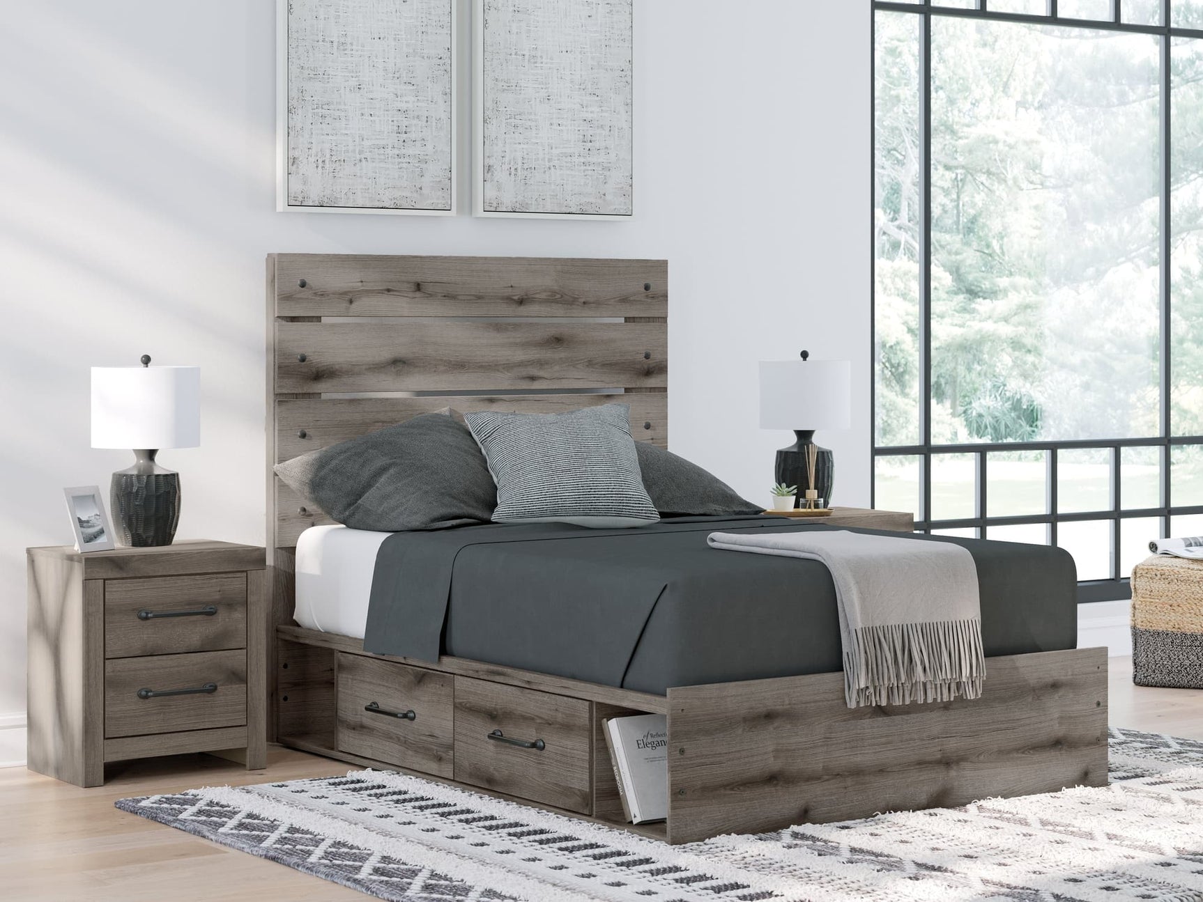 Graystorm Full Panel Bed front view showing panel headboard in brown gray finish