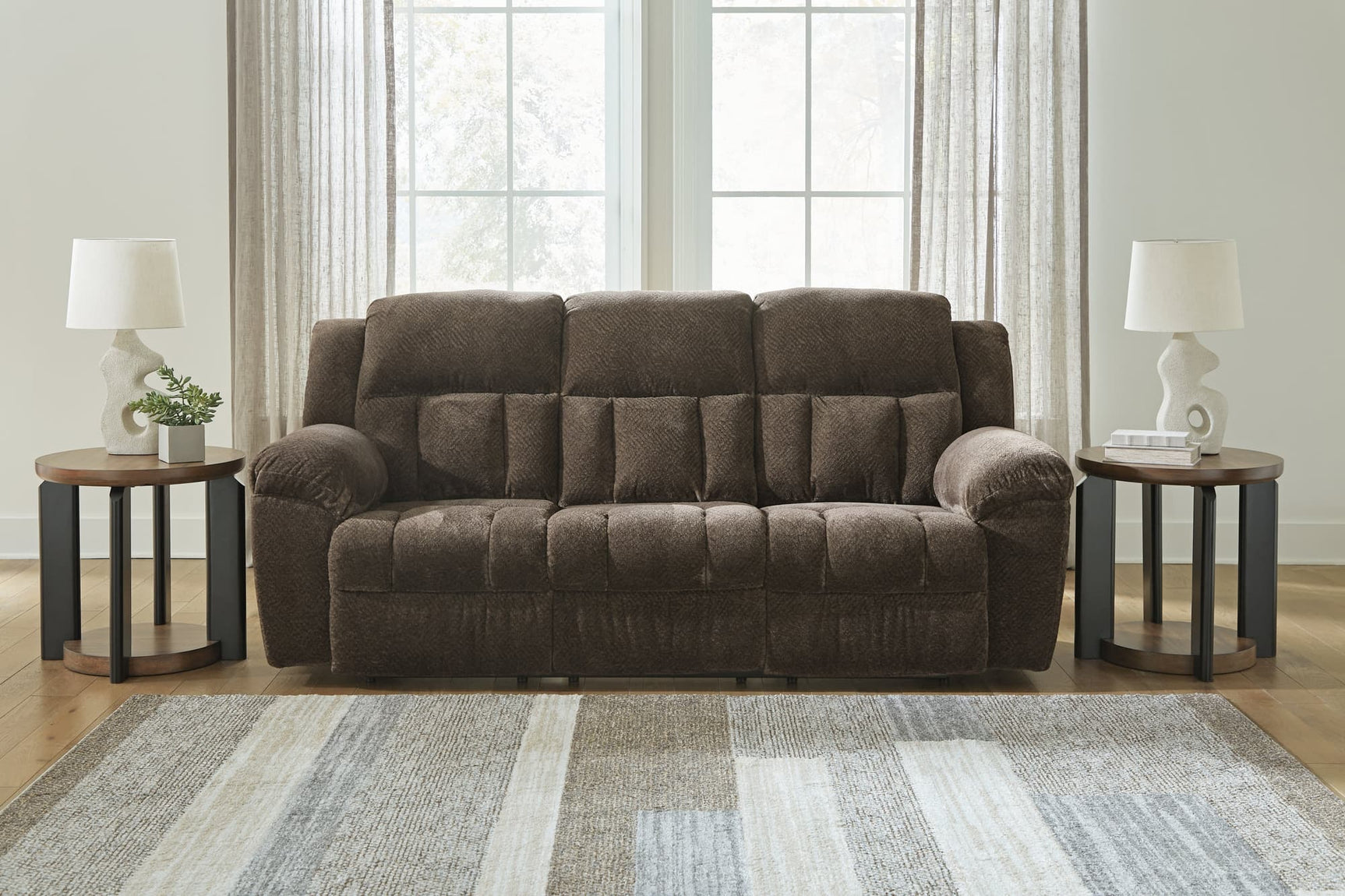 Frohn Chocolate Chenille Reclining Sofa front angle