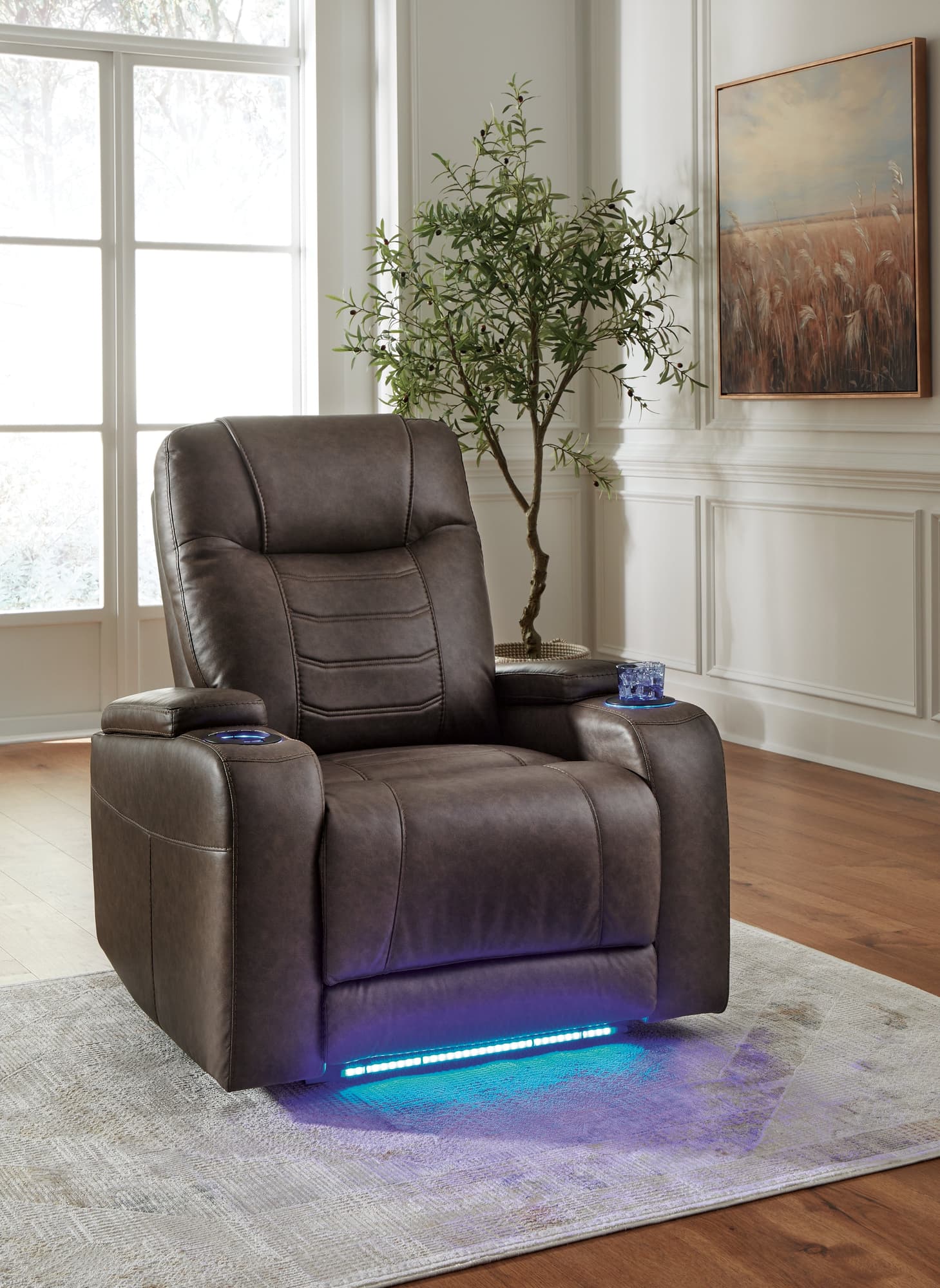 main view of Schooner Rocks Umber Faux Leather Power Recliner front angle
