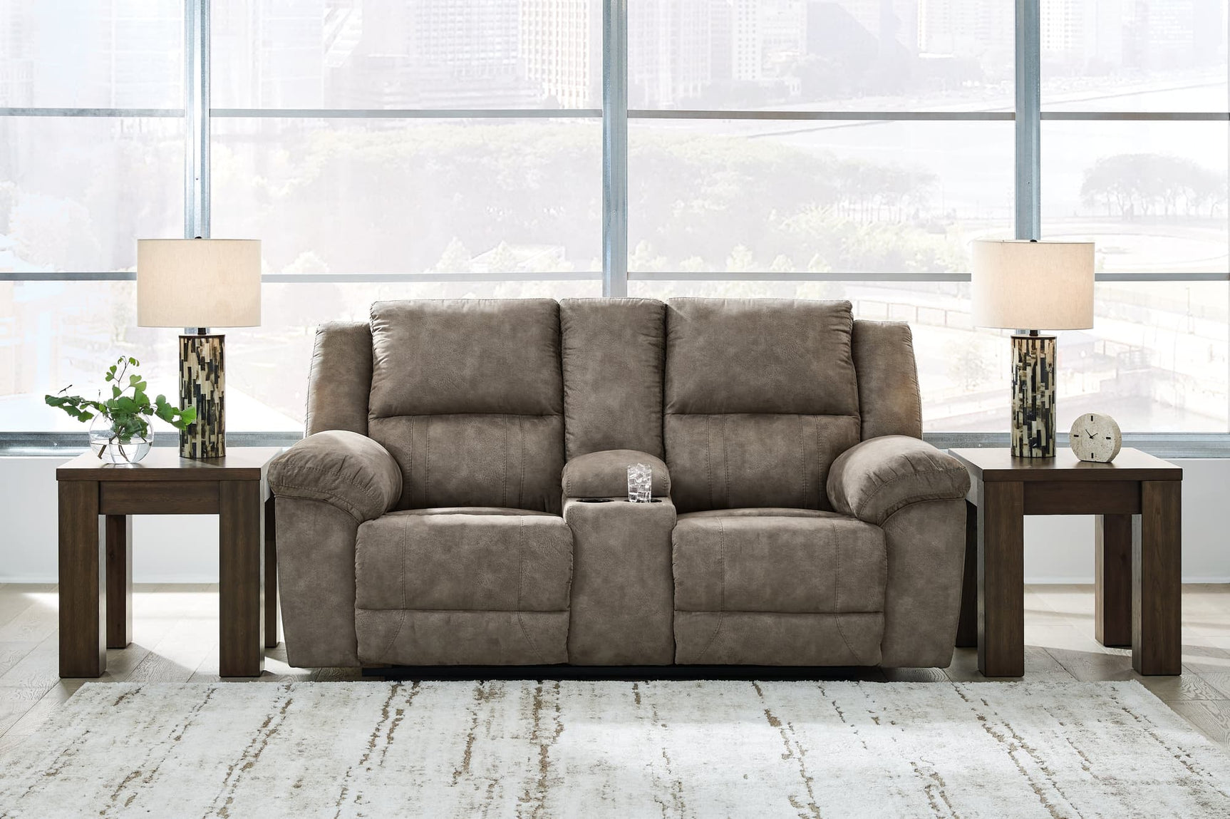 Laresview Fossil Faux Leather Reclining Loveseat with Console front angle