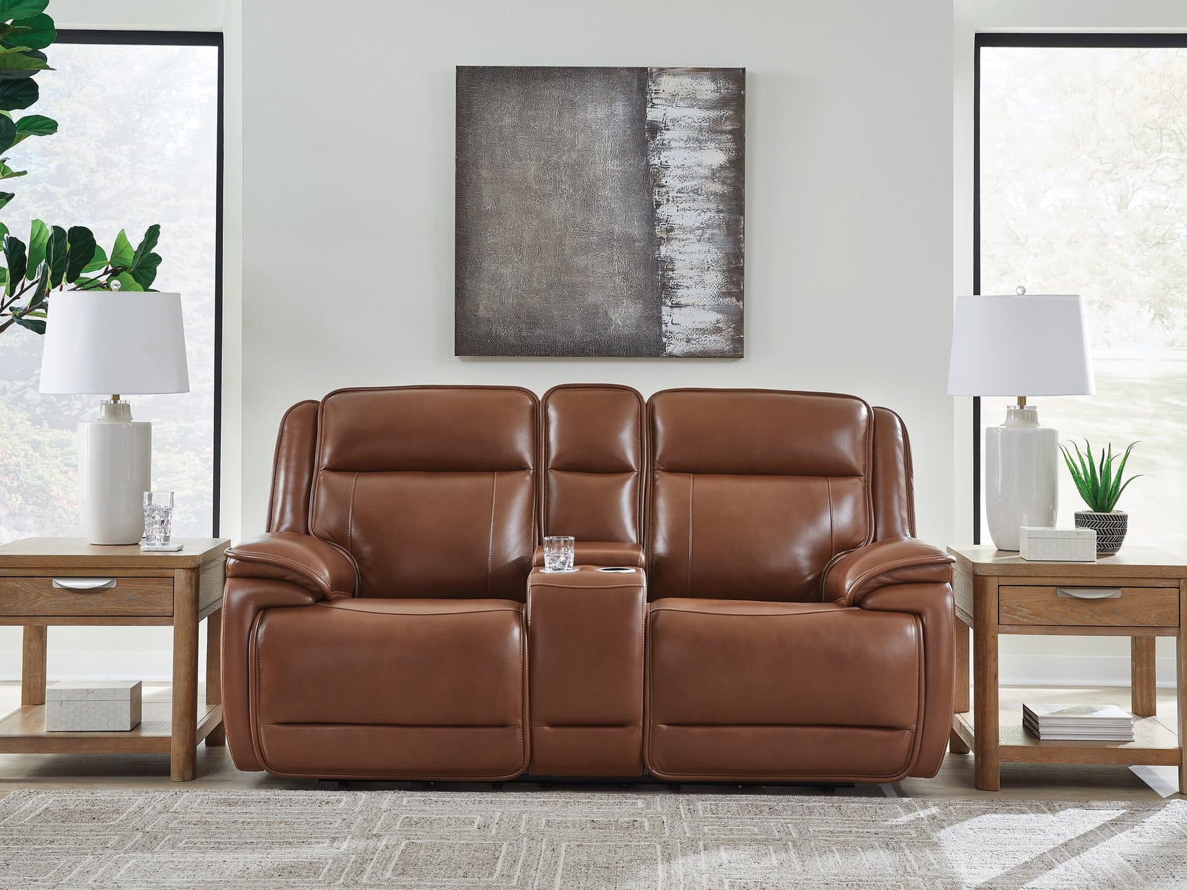 Healy Pier Chocolate Leather Power Reclining Loveseat front view with console
