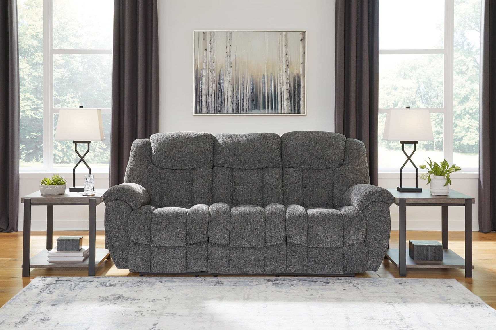 Foreside charcoal reclining sofa front view