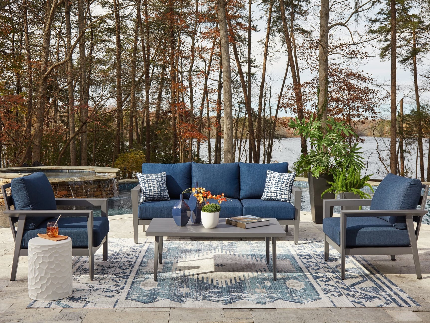 Gali outdoor gray-blue sofa angled front view