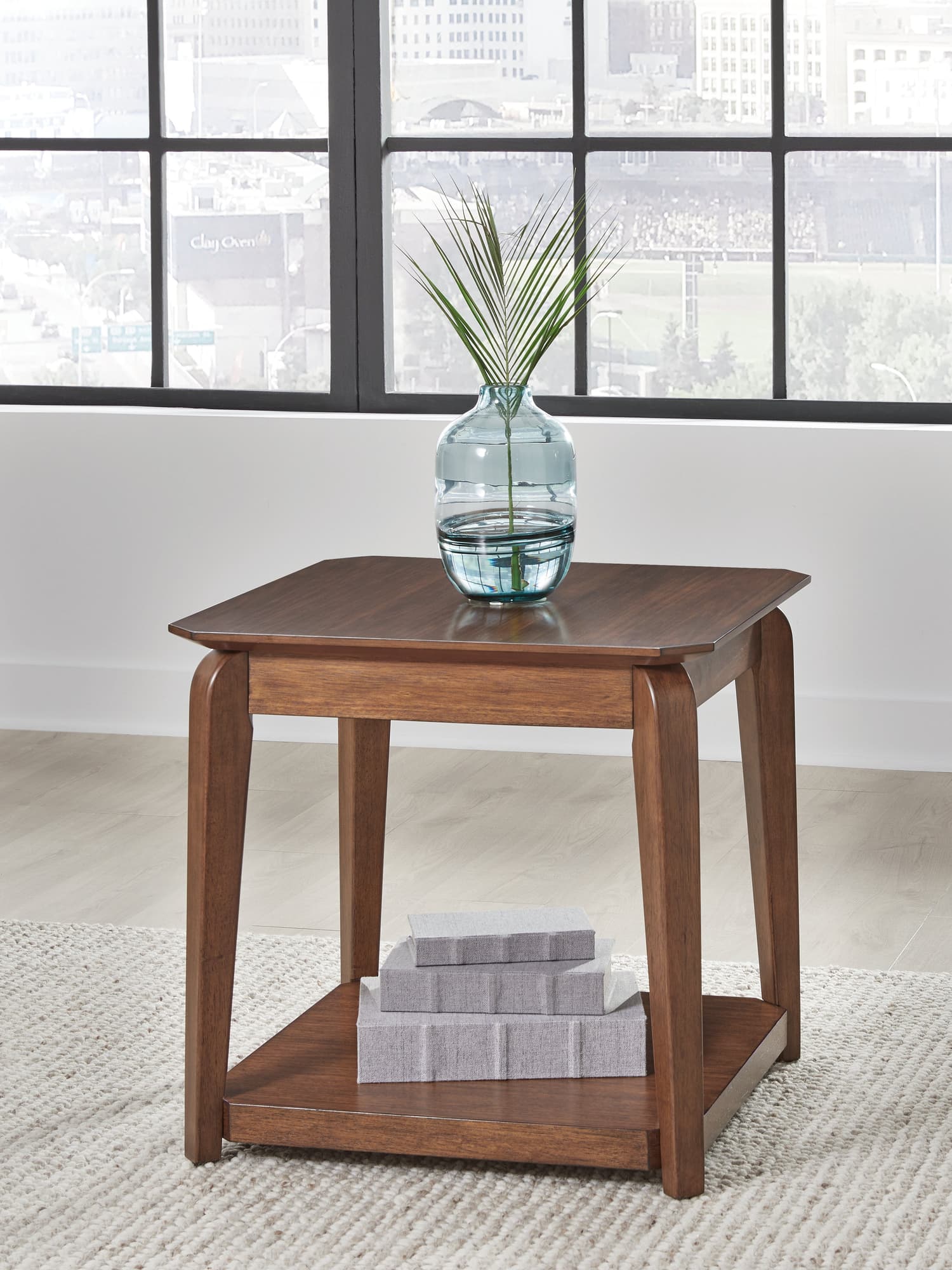Trenmour medium brown square end table front angle