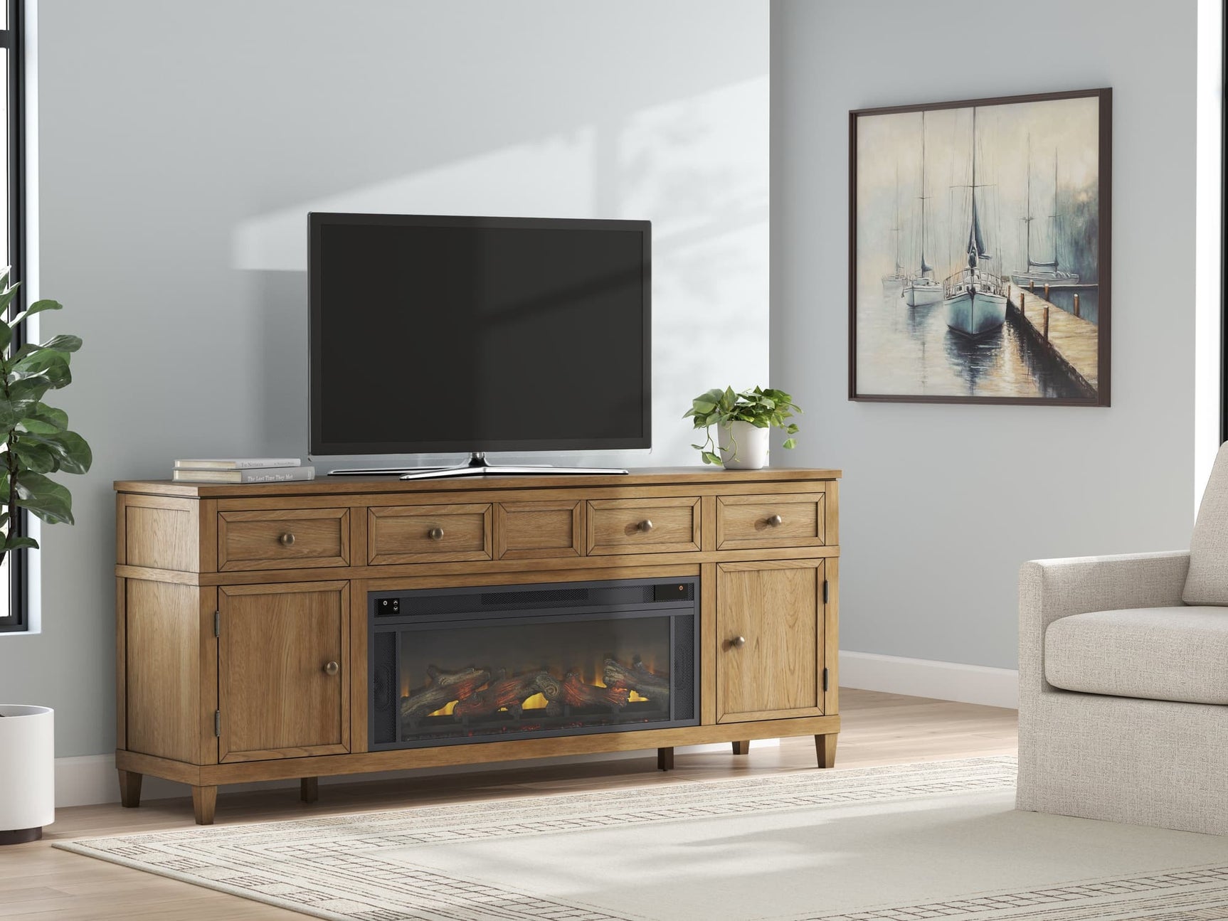 Sharlance 81 inch light brown TV stand with electric fireplace front view