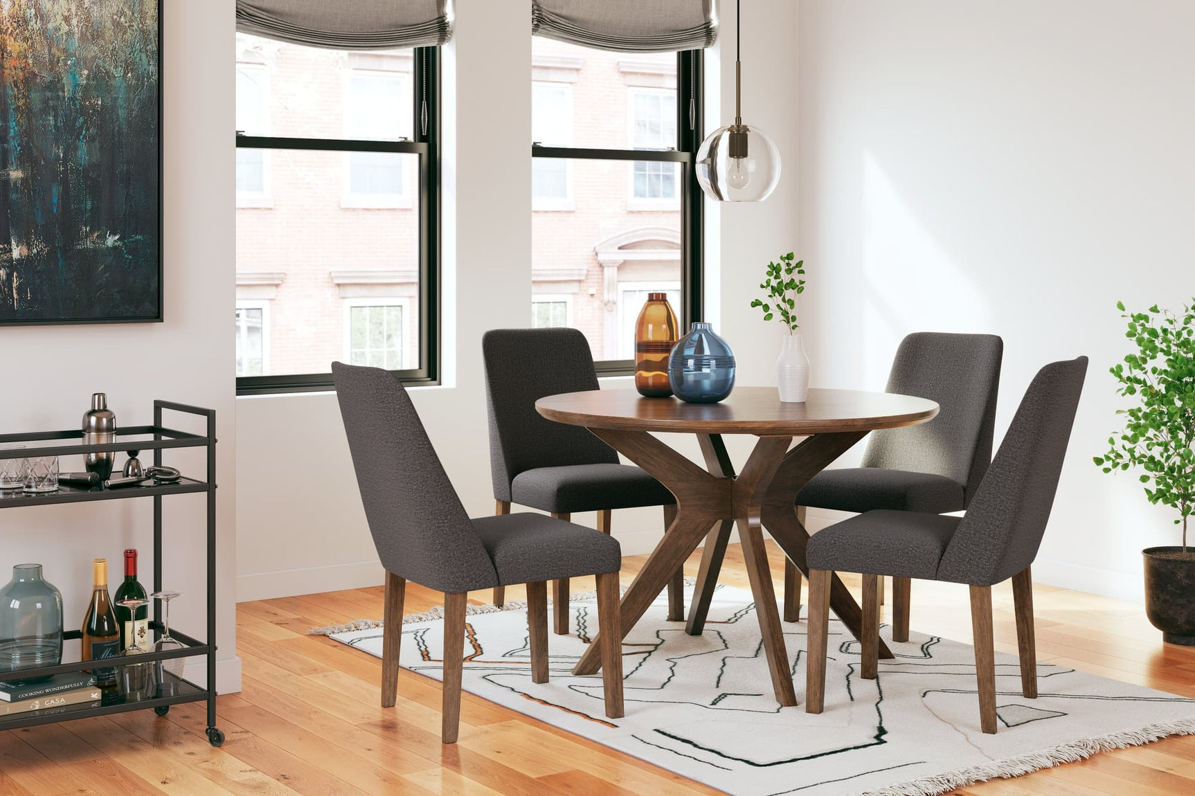Lyncott Charcoal and Brown dining table with four chairs