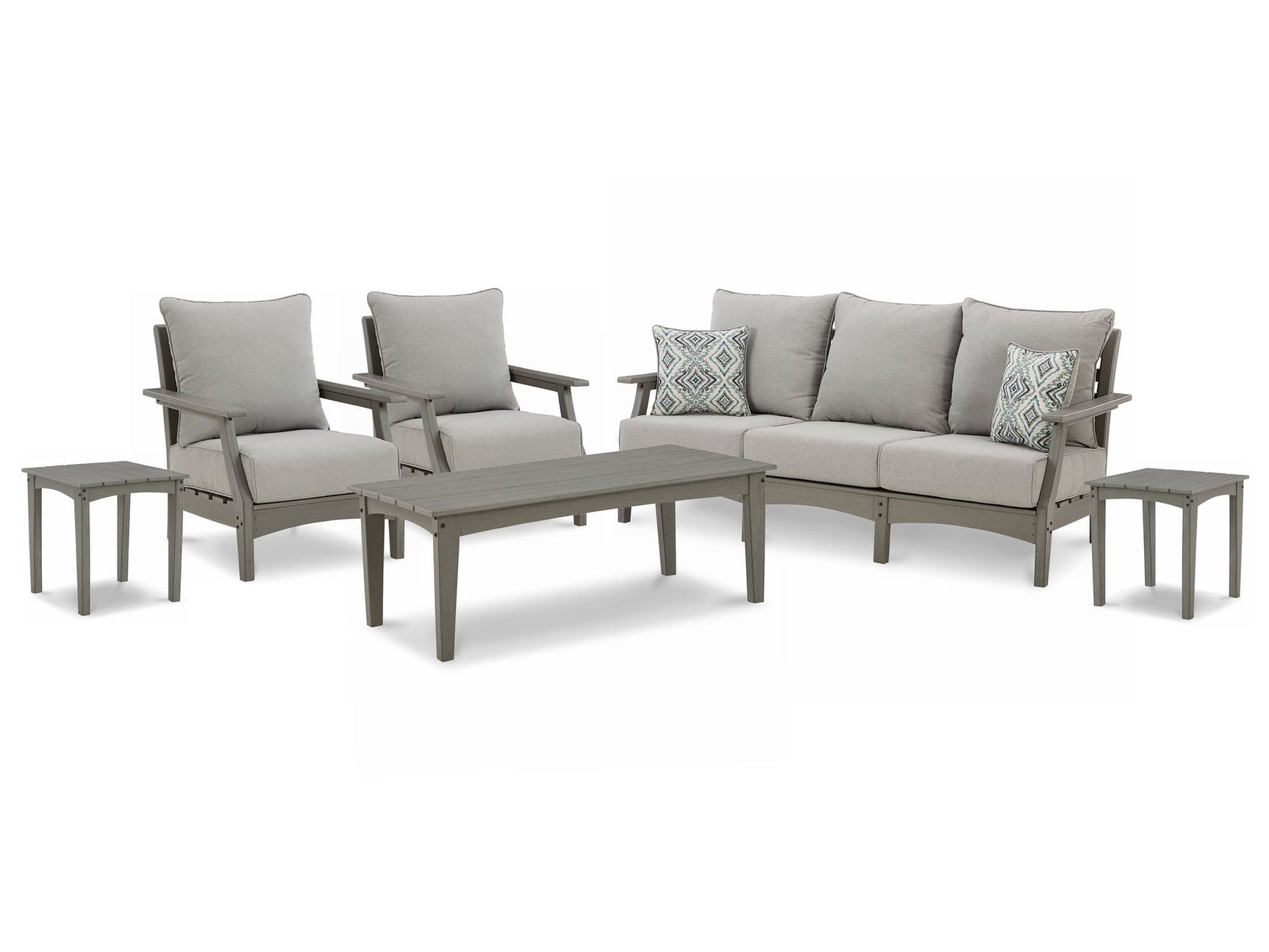 Visola gray outdoor sofa with cushions and armrests from front angle