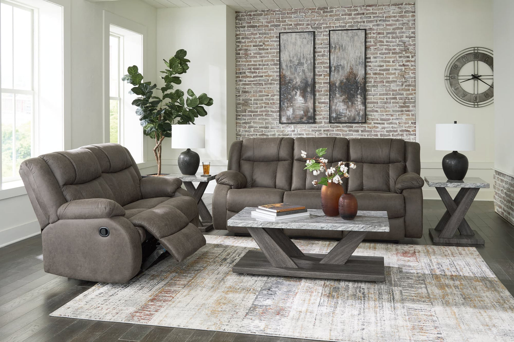 First Gunmetal Base reclining sofa and loveseat set front view