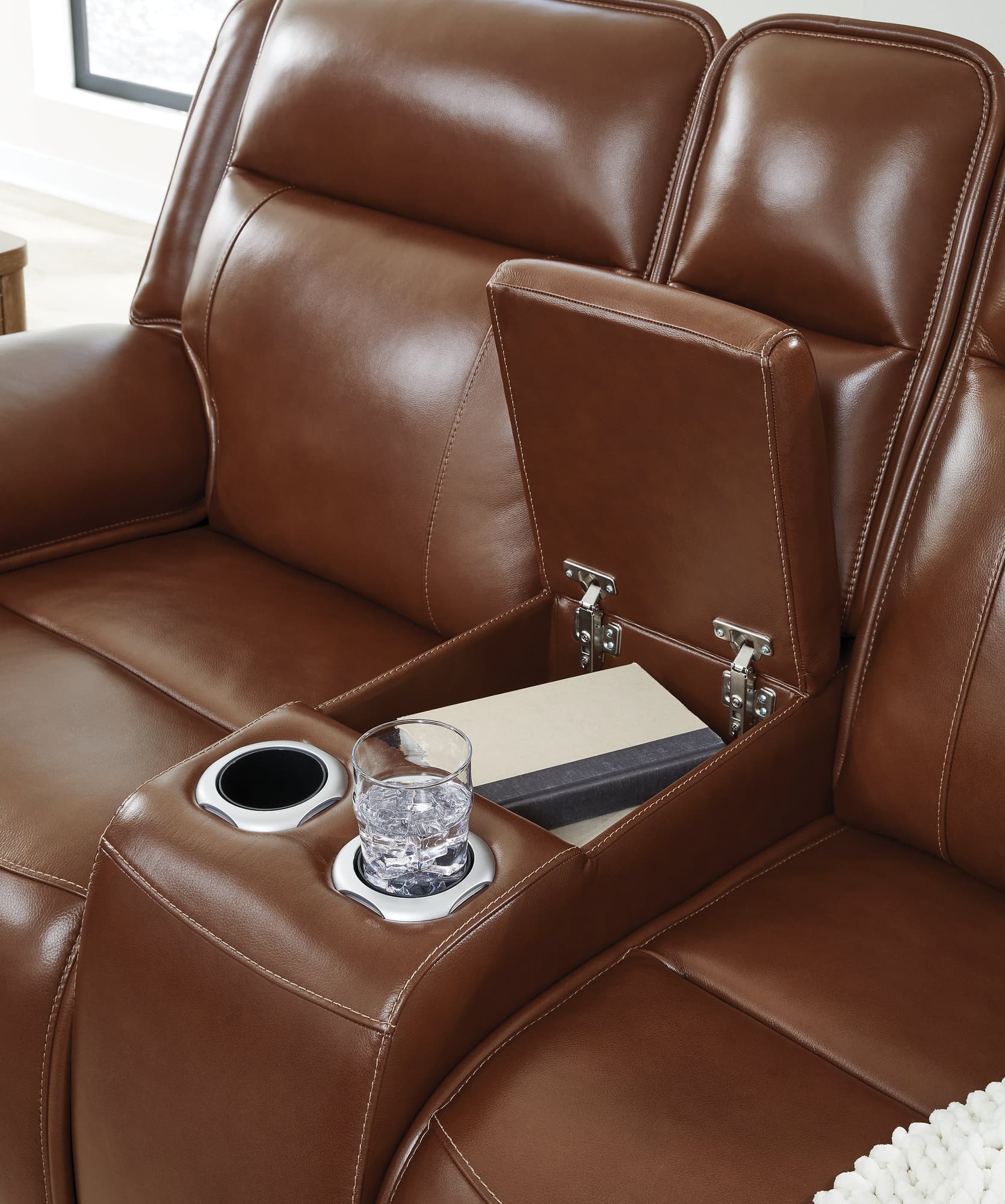 Healy Chocolate Pier Power Reclining Sofa and Loveseat set angled side view
