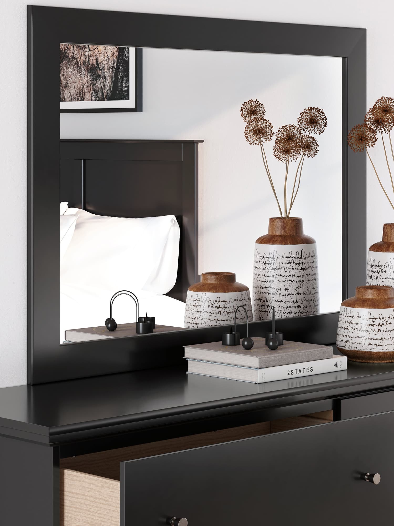 Maribel black bedroom mirror angled side view