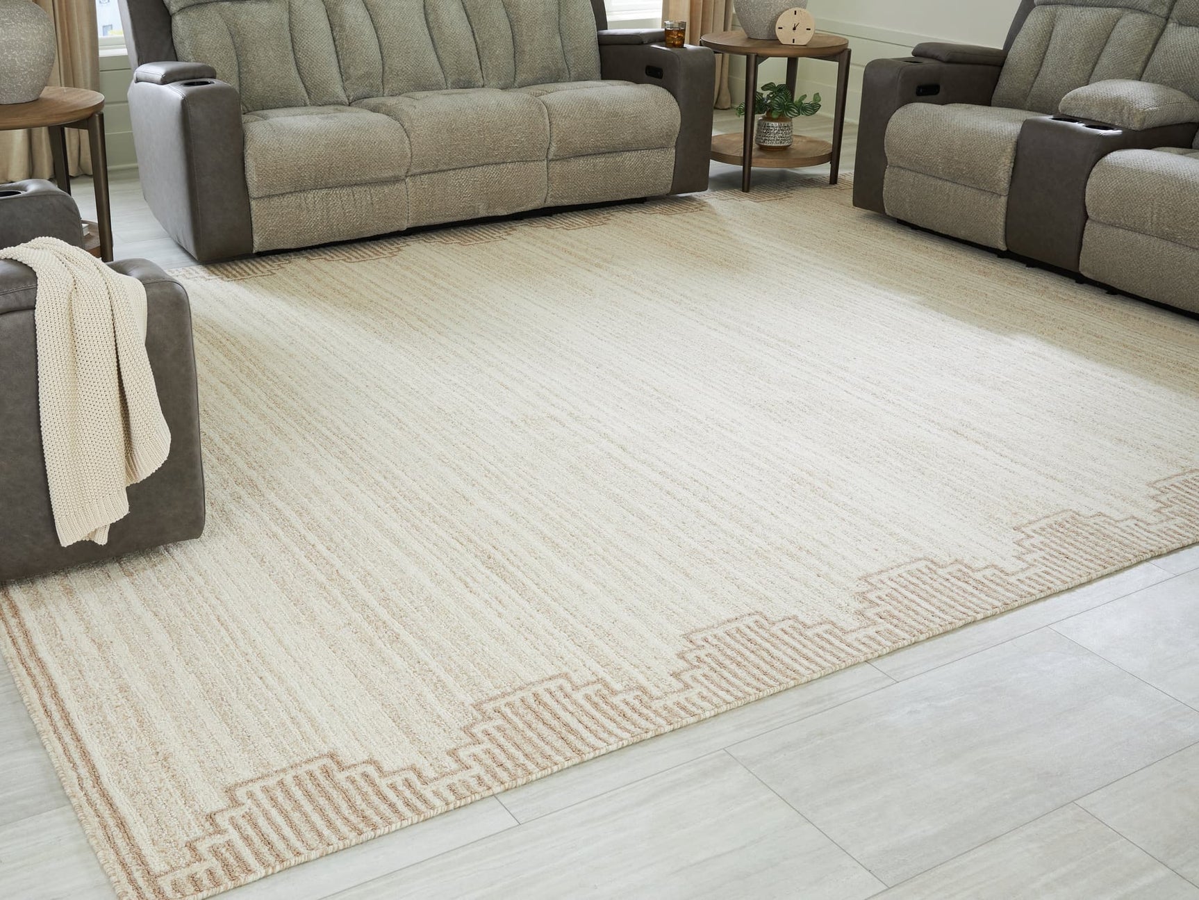 Emorymore Brown and Beige Extra Large Wool Rug viewed flat from above
