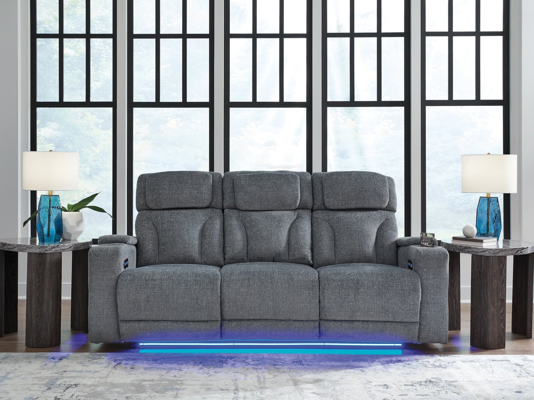 Studio Cave steel performance fabric power reclining sofa front view