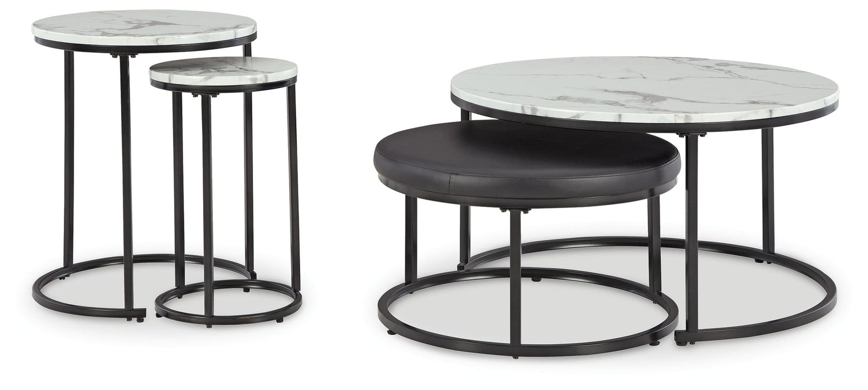 Jusmour nesting table set with faux marble tabletop and black ottoman in living room
