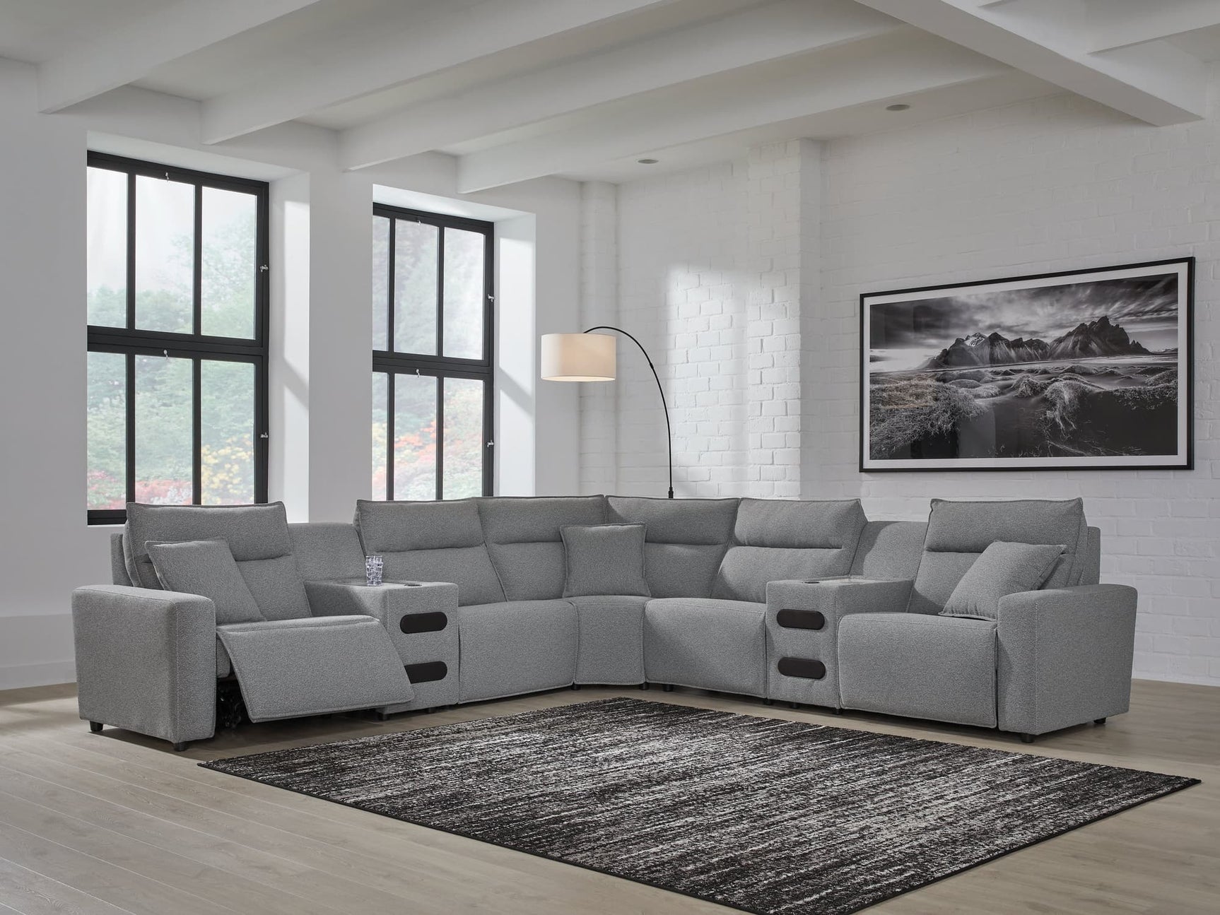 ModMax II Salt and Pepper 7-Piece Power Reclining Sectional with Audio Consoles front view