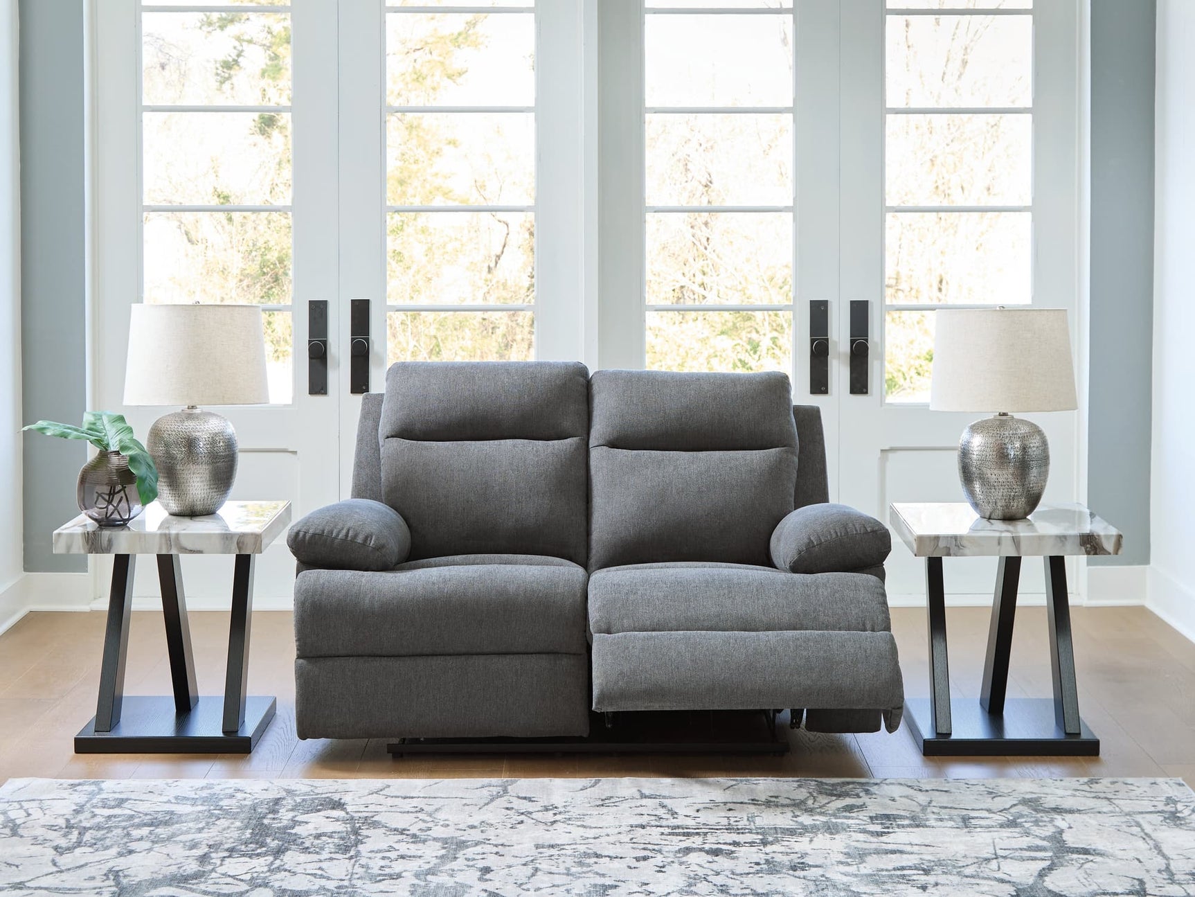 Side-Swipe Charcoal Chenille Reclining Loveseat front view