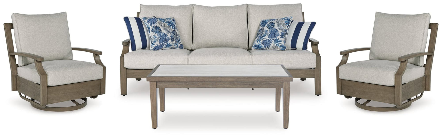 Rainier Brown-Beige Ranch outdoor sofa with two chairs and coffee table