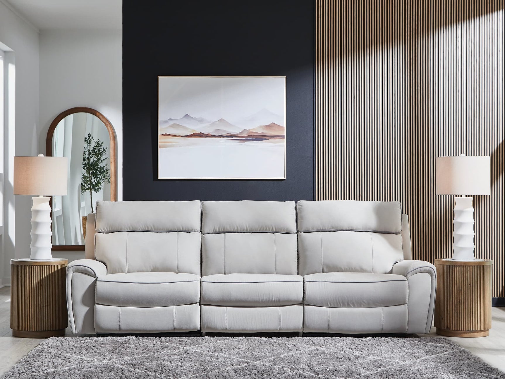 Social Pointe 3-piece power reclining sectional sofa in pearl and ash chenille upholstery, front angle