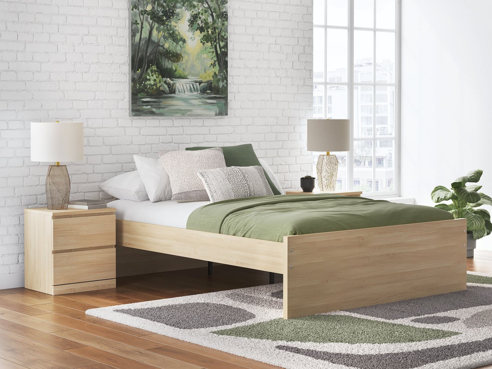 Onita Queen Platform Bed in natural finish, front view