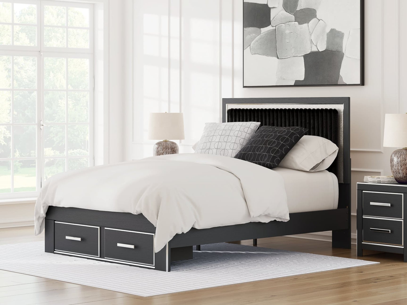 Zuraleus Black Queen Upholstered Panel Storage Bed front view