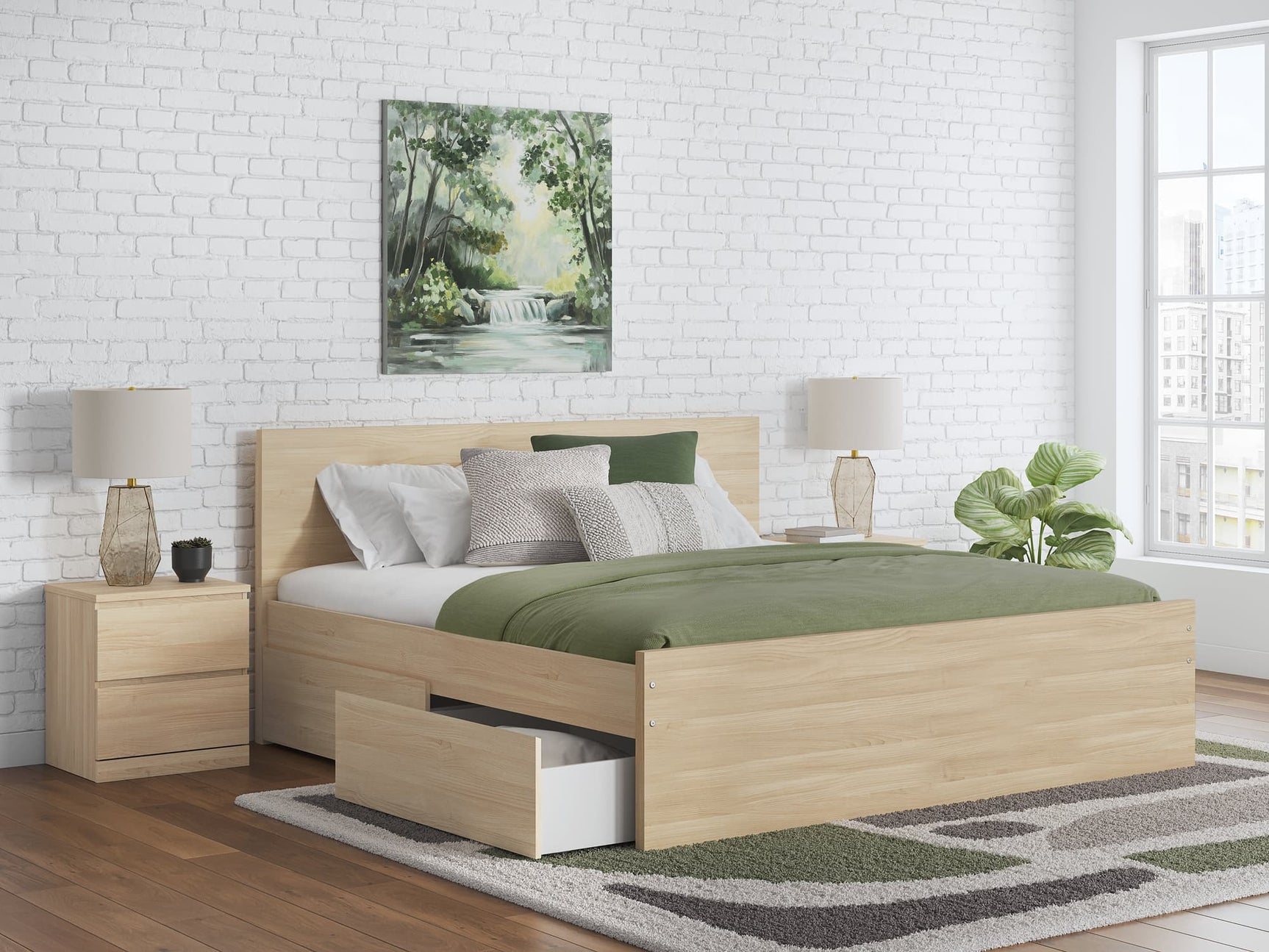 Onita Natural Queen Panel Platform Bed front angle with headboard and storage drawer open