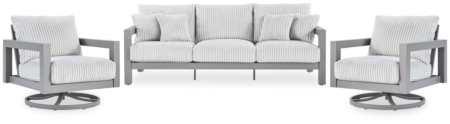Hurley Gray Park outdoor sofa front angle with lounge chairs