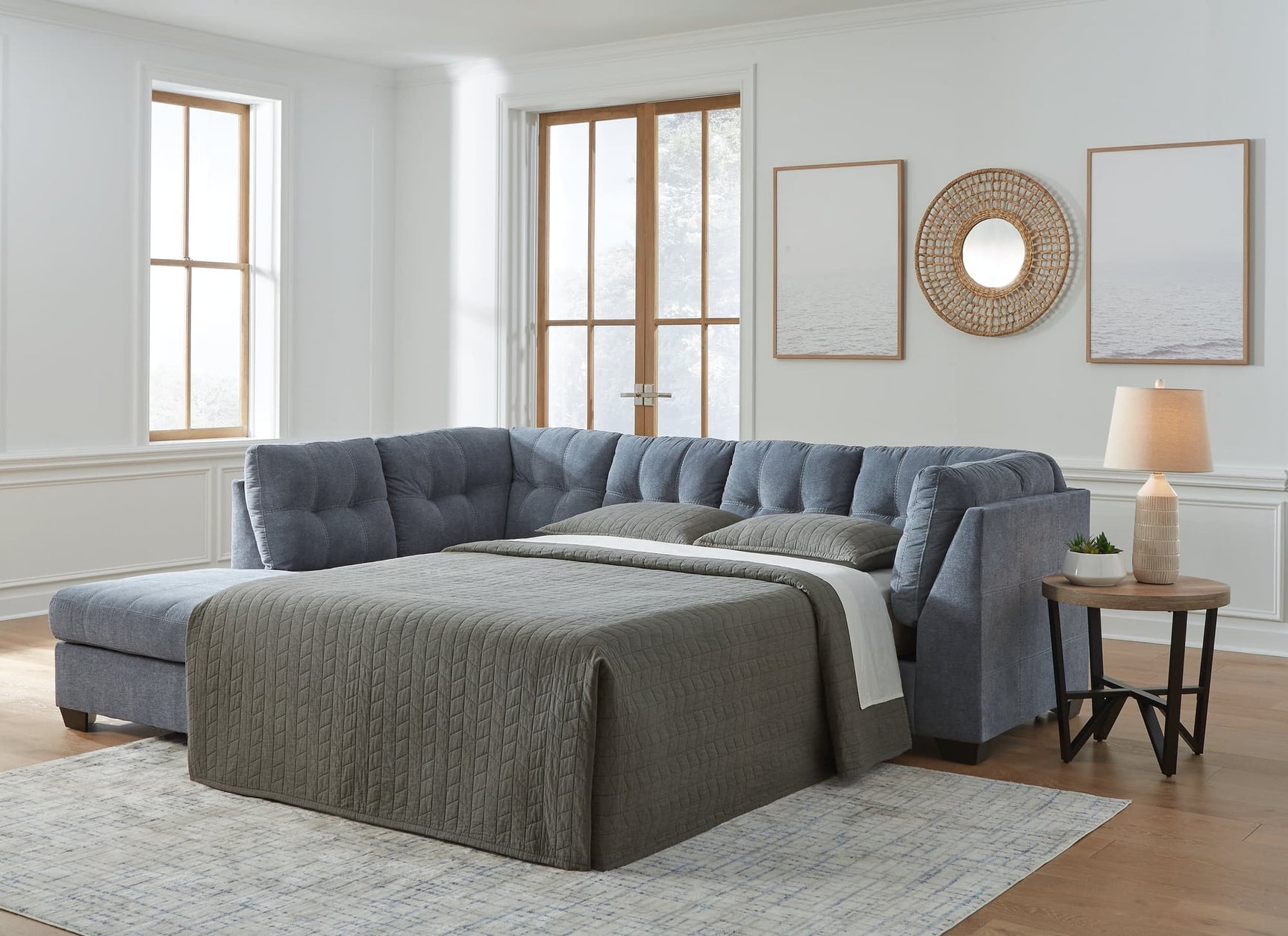 Marleton Denim Microfiber sectional sofa front view with chaise