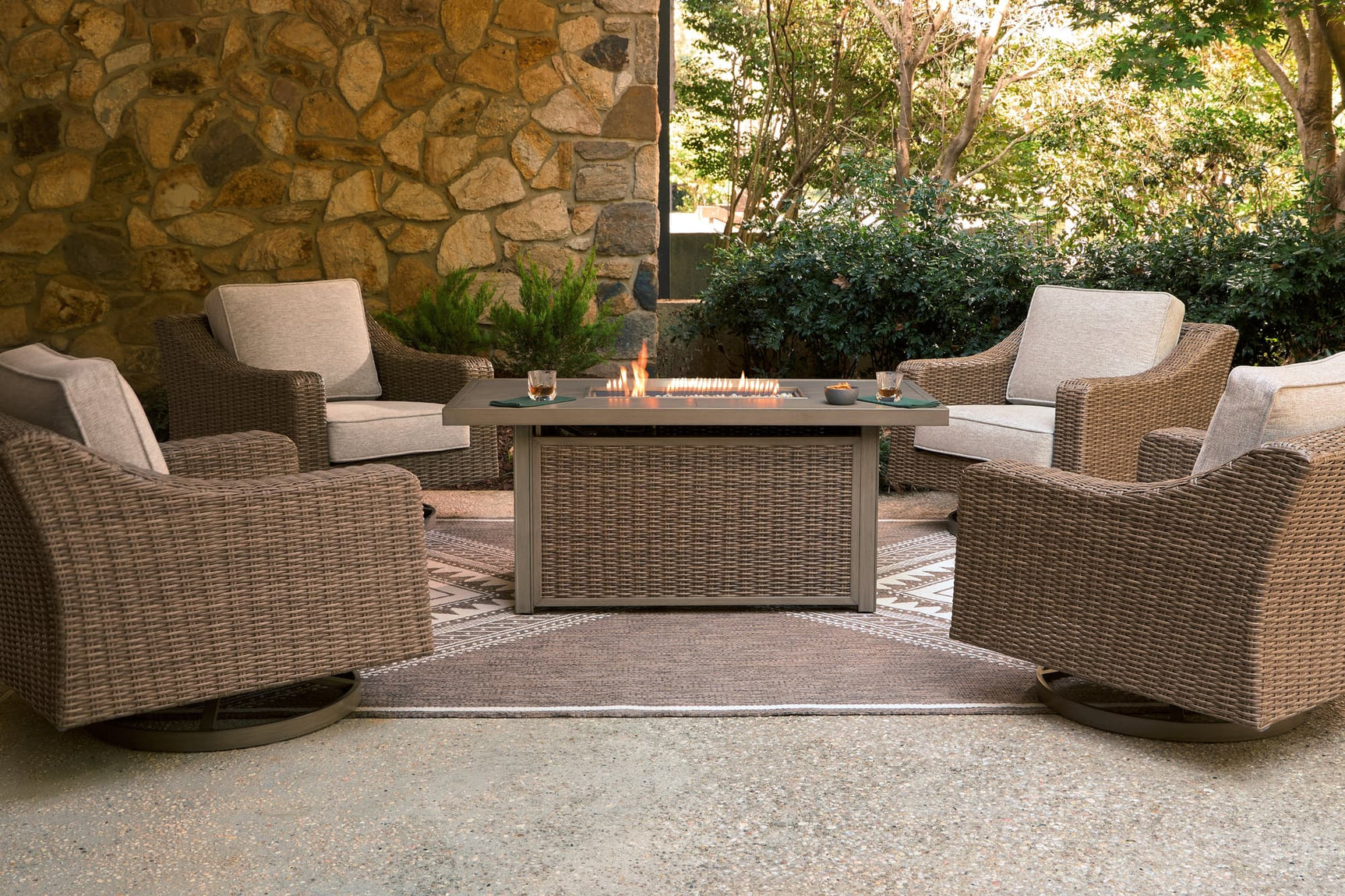 Front view of Laguna Beige Heights Outdoor Fire Pit Table with 4 beige chairs