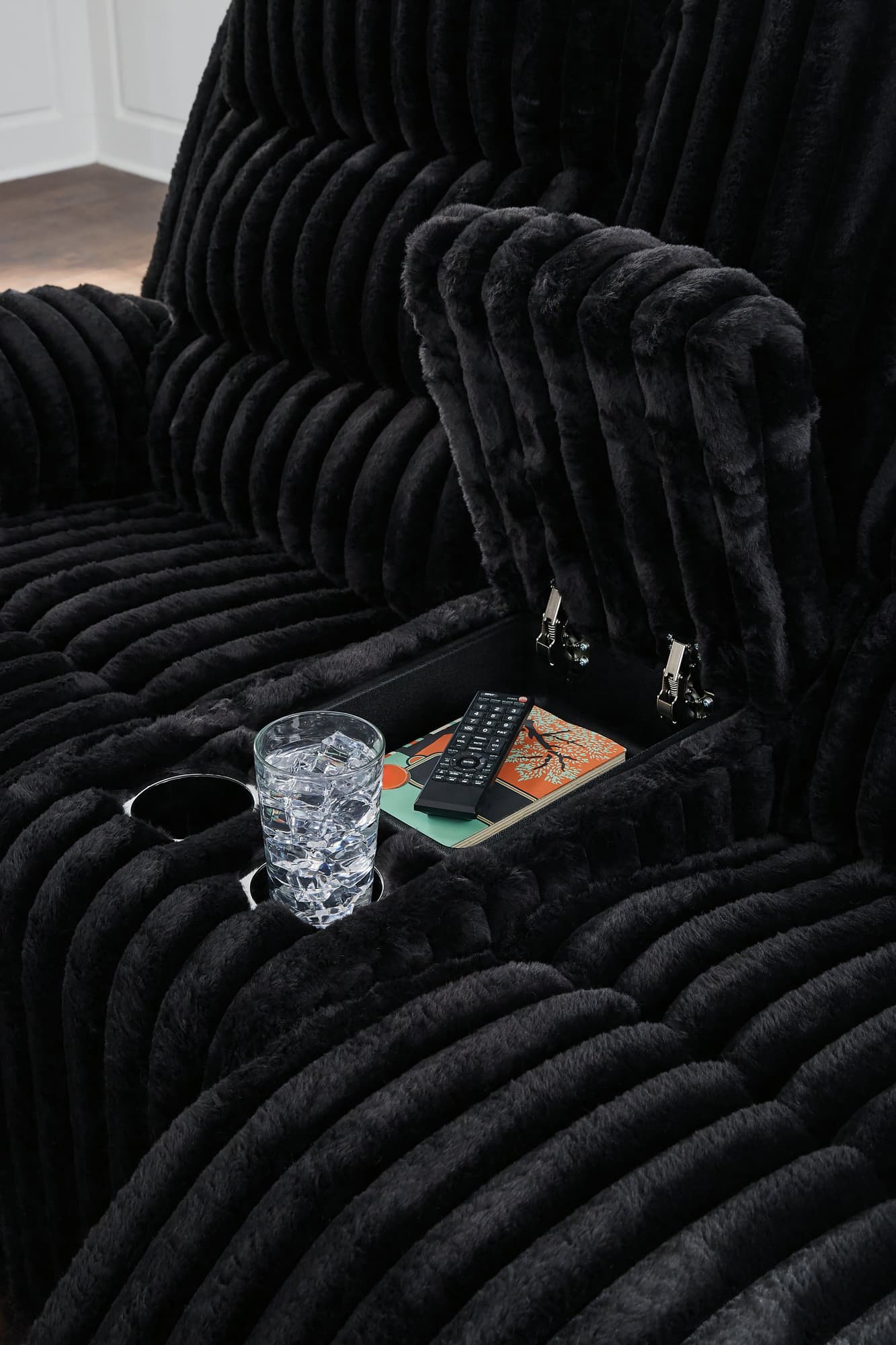 Rhine Onyx Falls power reclining sofa front view in onyx corduroy