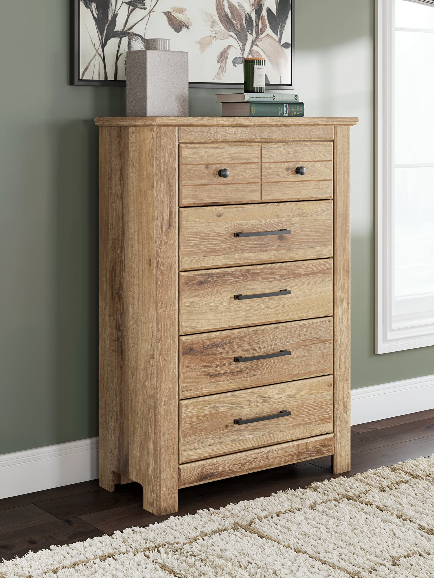 Makidern Tan Chest of Drawers front view showing five drawers